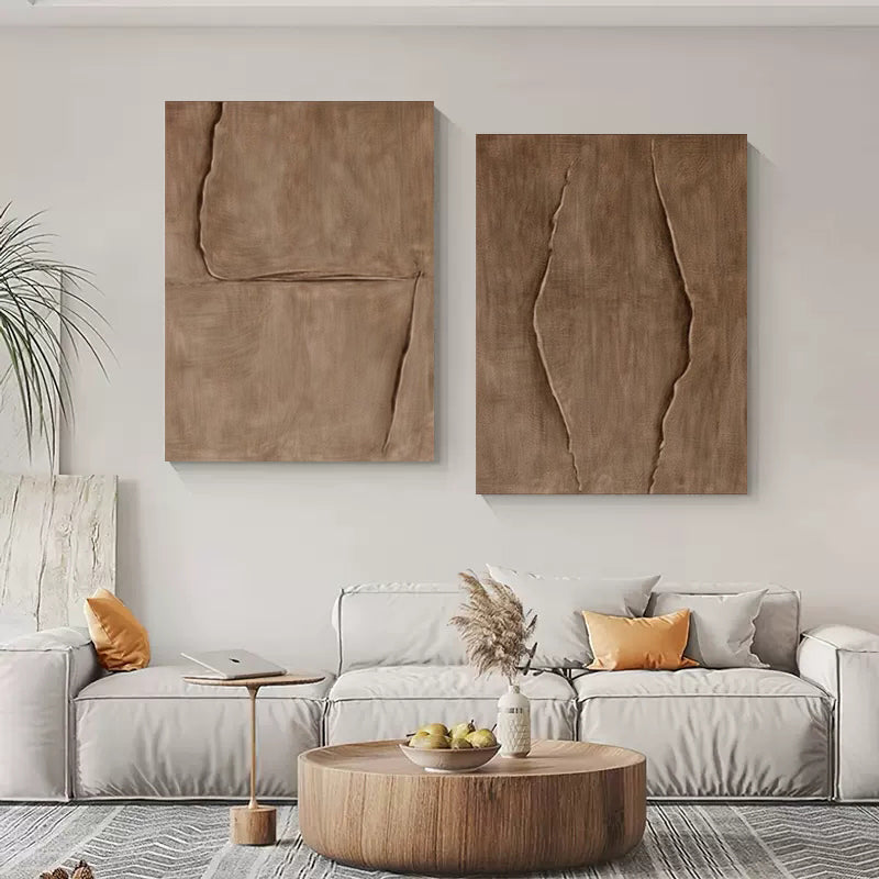 Brown Canvas Art On Canvas Set Of 2 Wabi Sabi Wall Art 3D Brown Textured Painting Brown Minimal Art