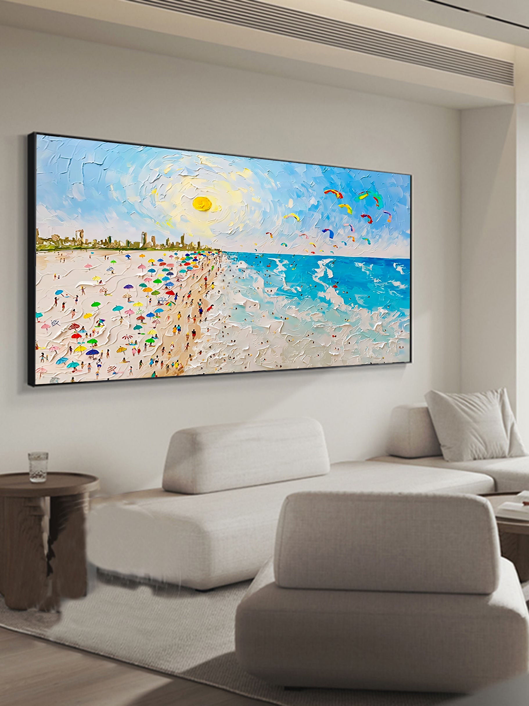 Sunshine Beach Ocean Waves Palette Knife Painting Texture Canvas Art Summer Beach Scenery Wall Art