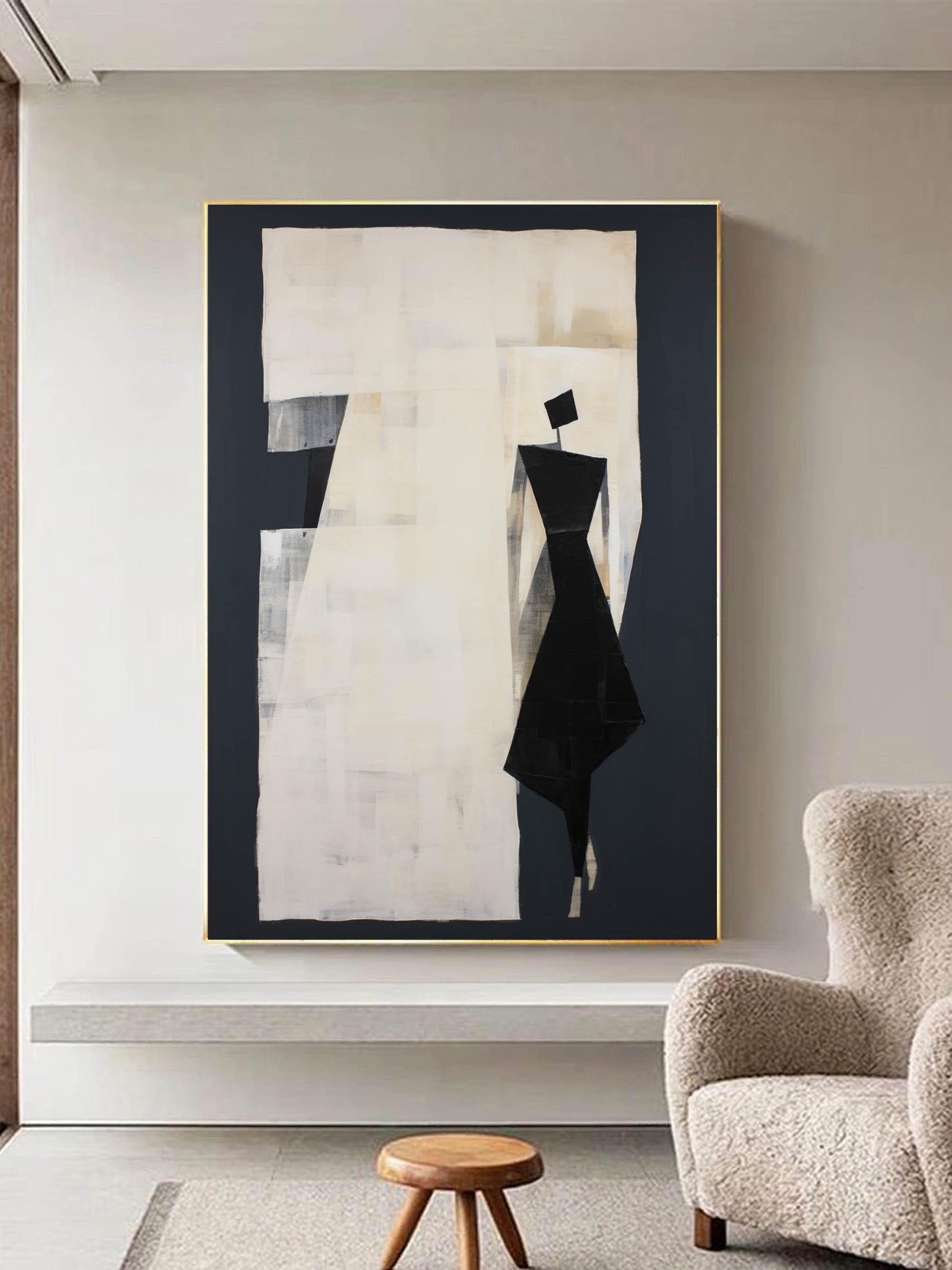 Black And Beige Minimalist Oil Painting Black And Beige Minimalist Wall Art Black And Beige Abstract People At Beige Abstract Art On Canvas