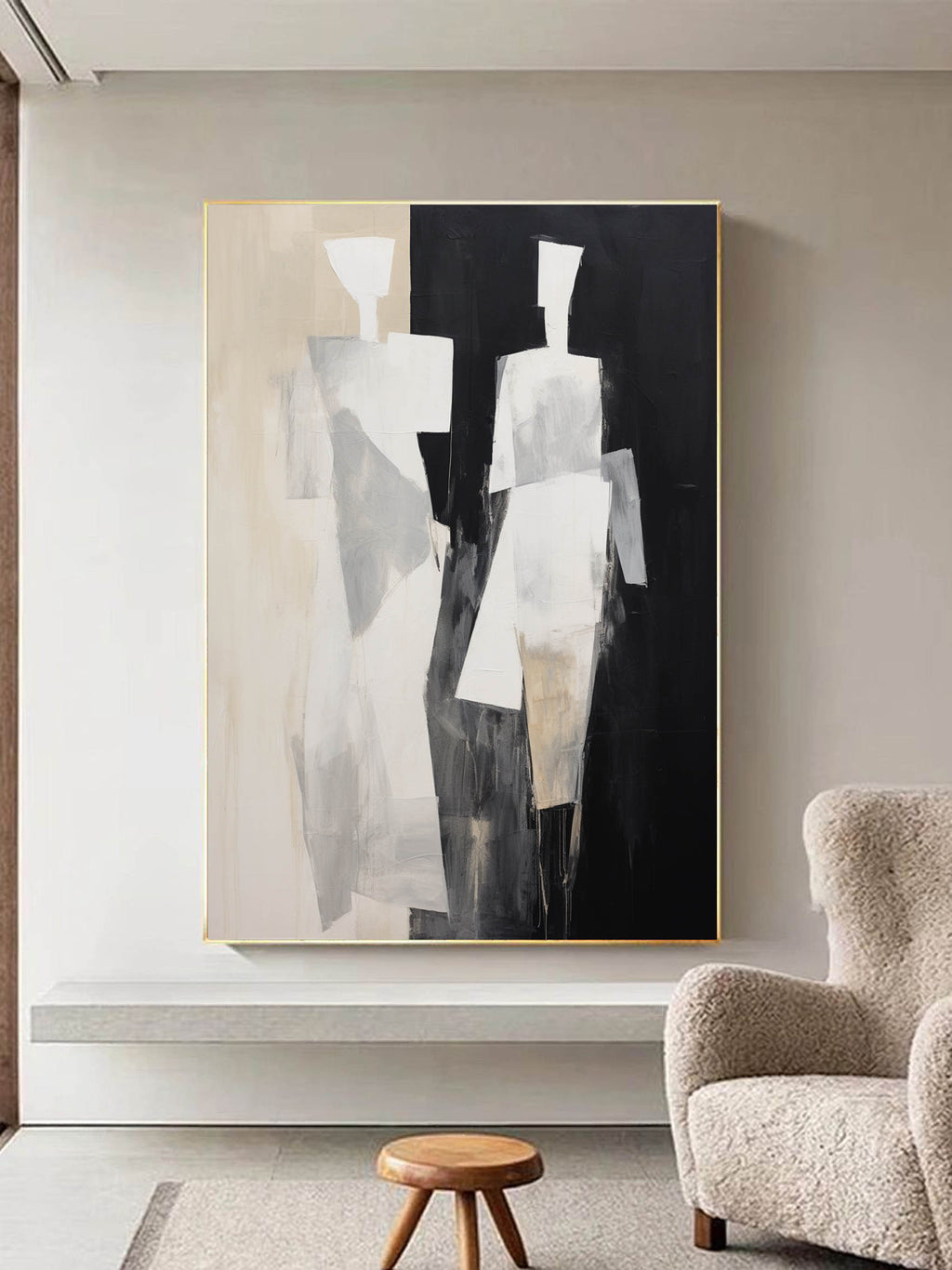 Black And Beige 2 People Minimalist Canvas Painting Black And Beige ...