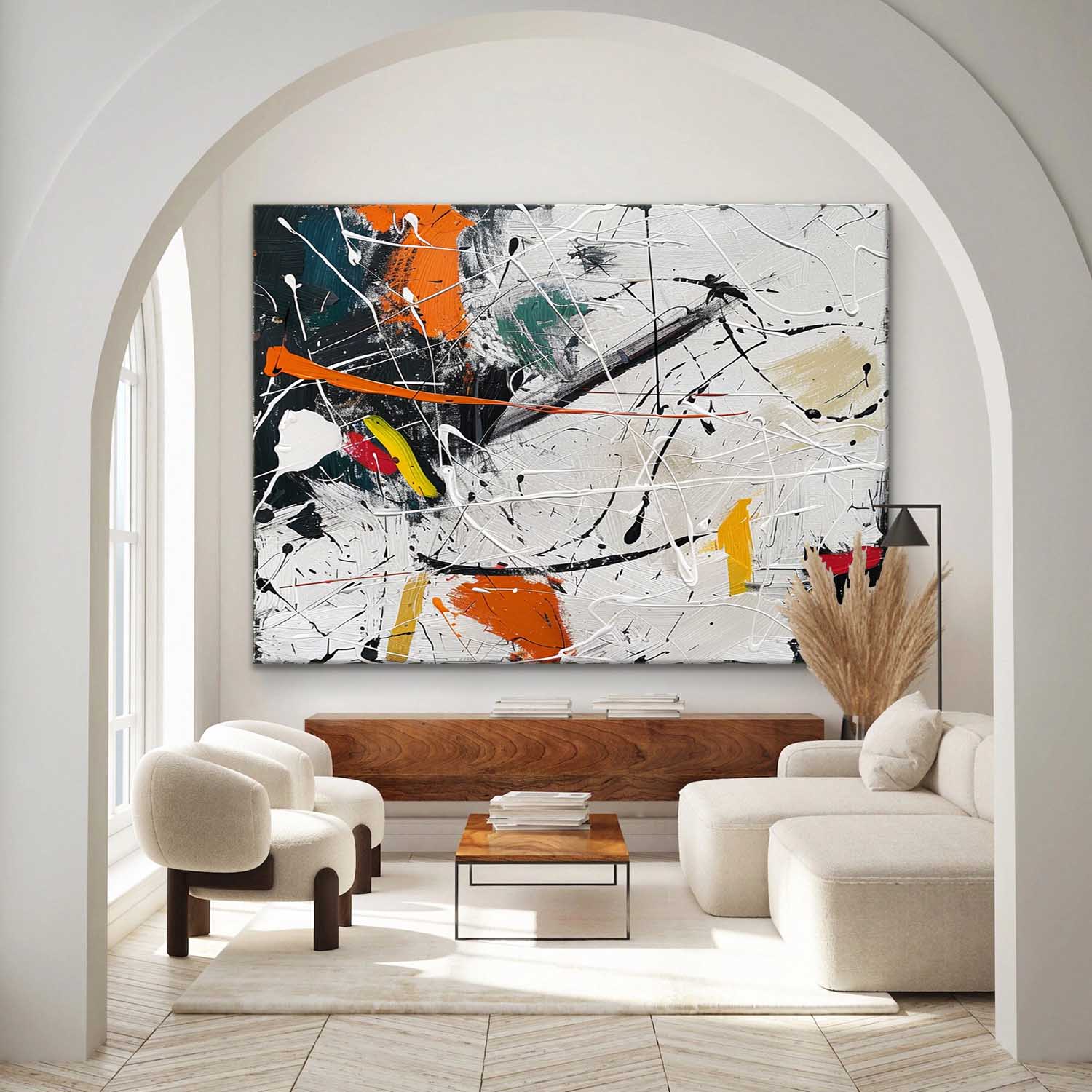 Large Orange and White Abstract Art for Sale Pollock Abstract Art Wall Decor Pollock Oil Painting