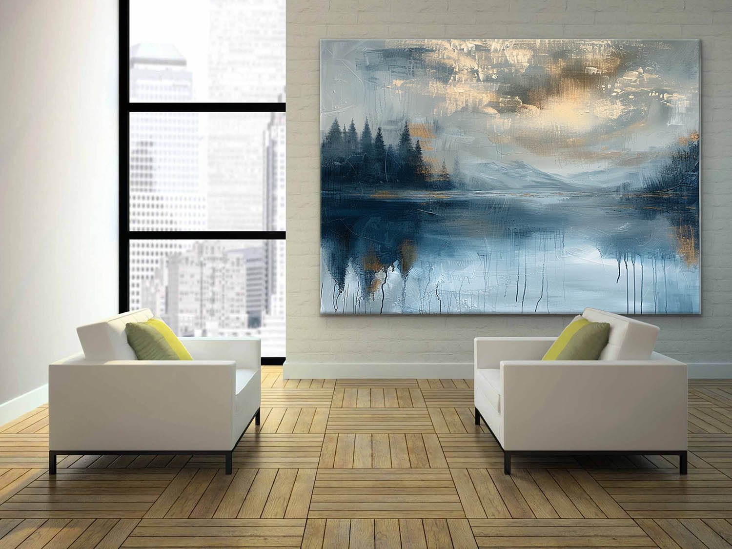 Large Modern Lakeside Sunset Wall Painting for Sale Colorful Abstract Lakeside Sunset Canvas Art