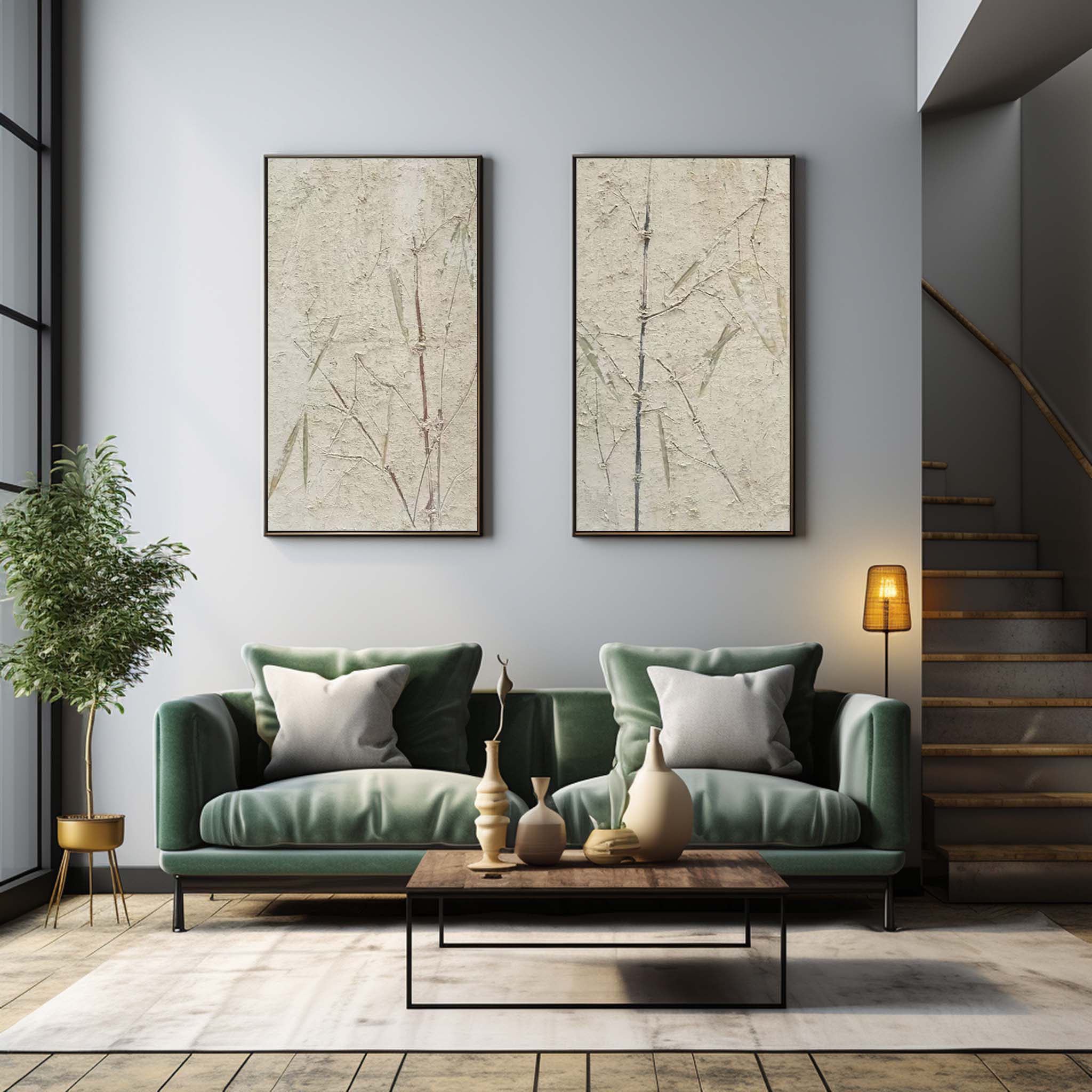 Beige and Green Bamboo Texture Painting Set of 2 Bamboo Minimalist Canvas Wall Art Wabi Sabi Art