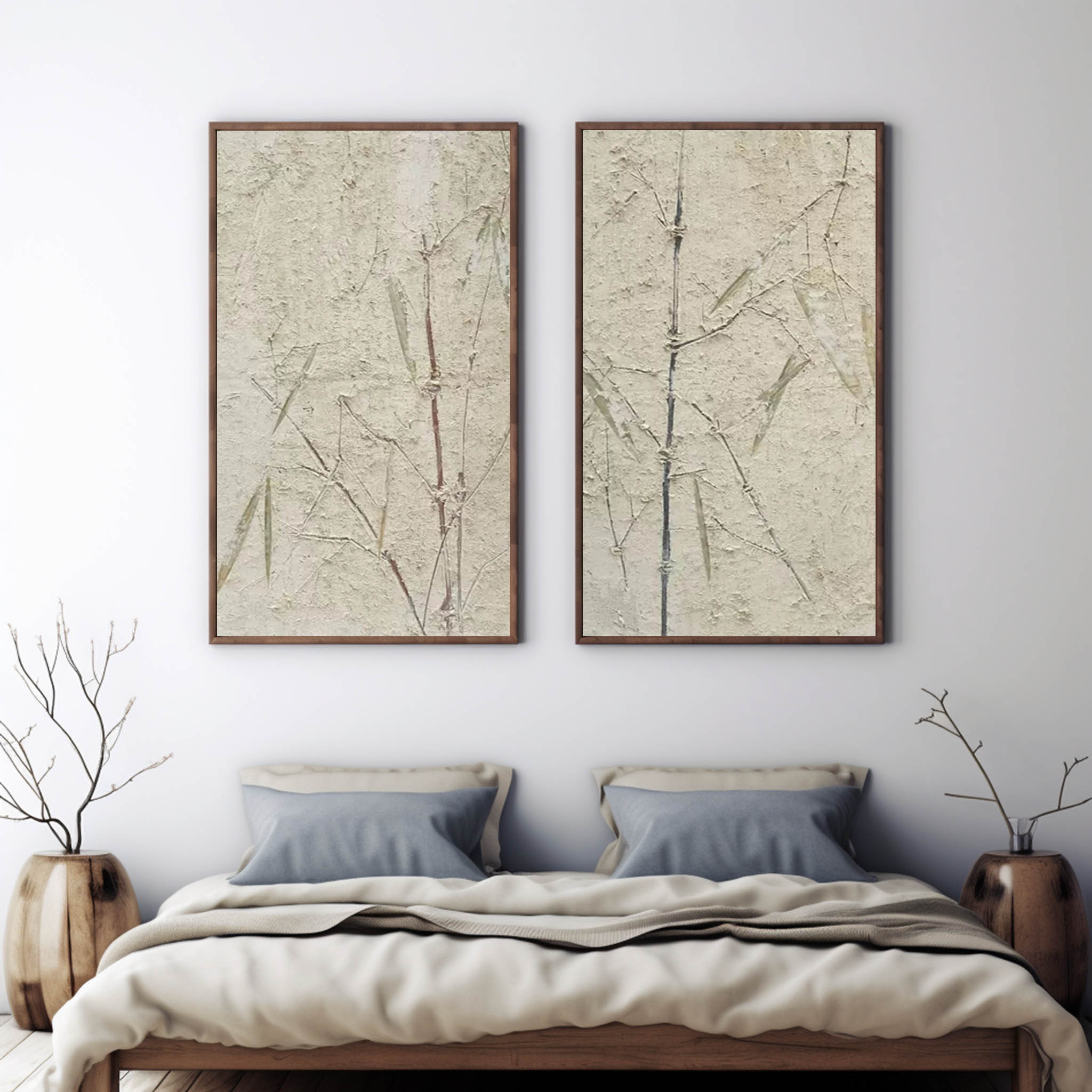 Beige and Green Bamboo Texture Painting Set of 2 Bamboo Minimalist Canvas Wall Art Wabi Sabi Art