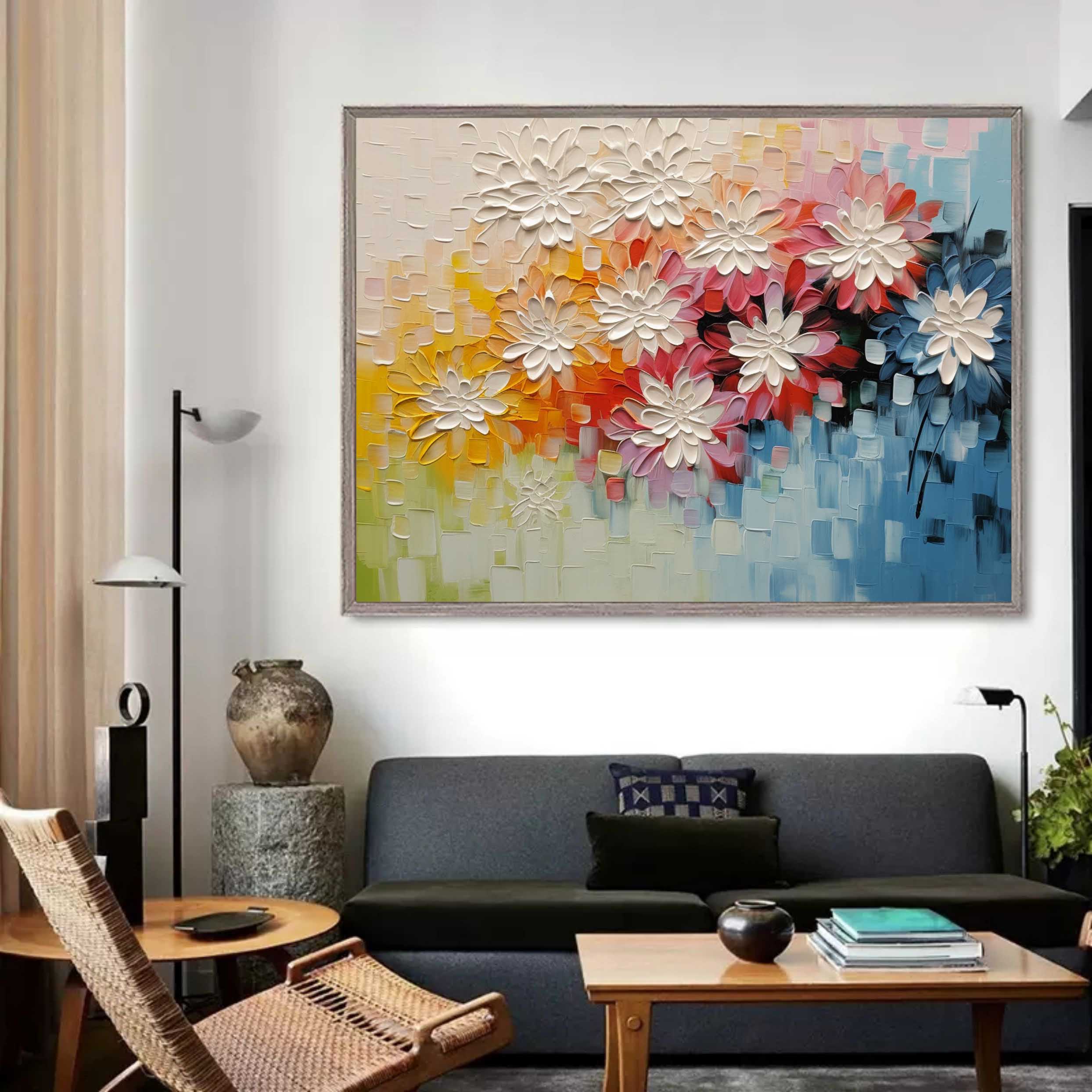 Large Palette Wall Painting White Flowers Plaster Art Flowers Texture Canvas Art Colorful Painting