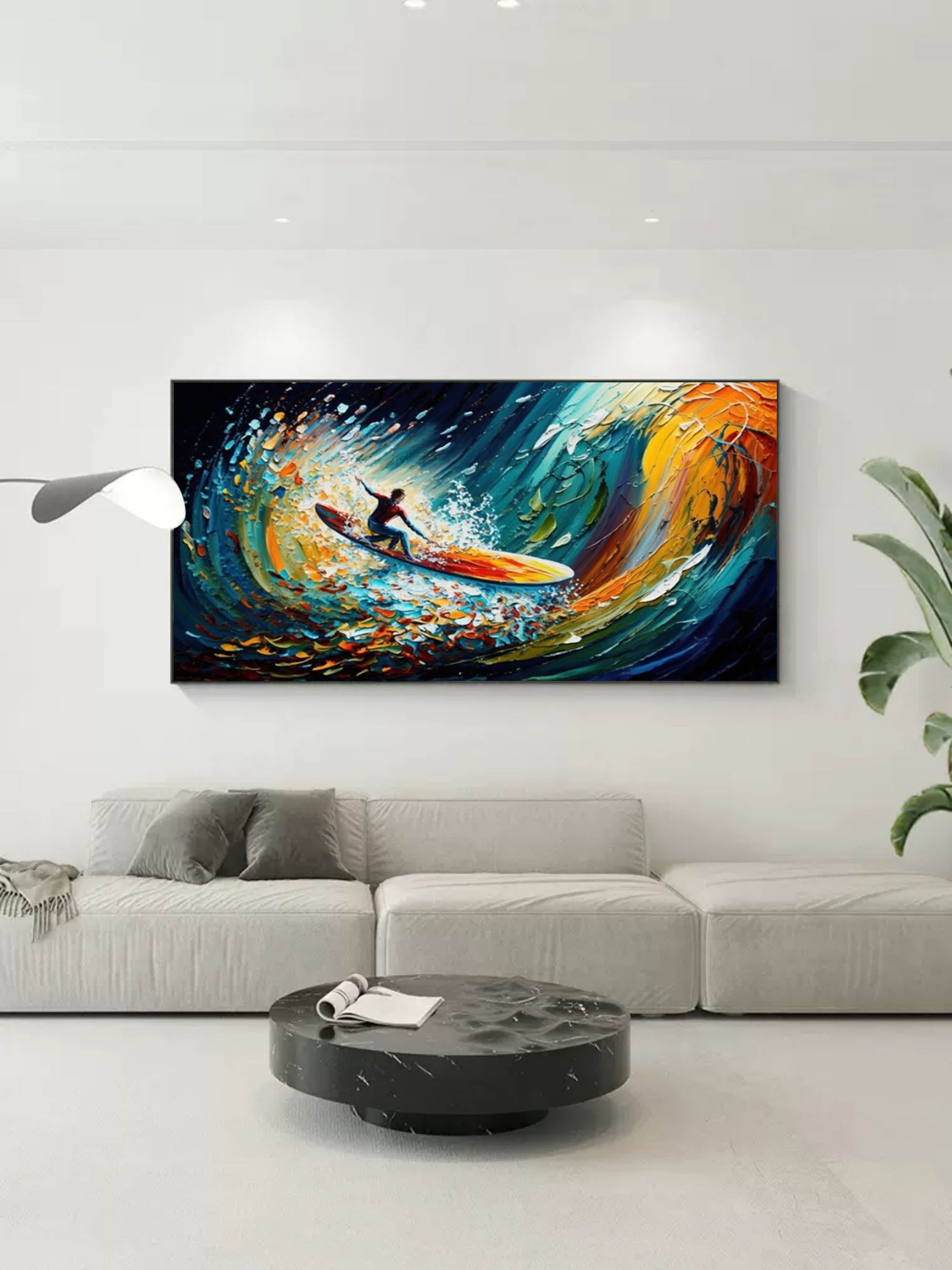 Large Colorful Surfer Oil Painting Surfer Painting on Canvas Colorful Textured Wall Art Palette Knife Art