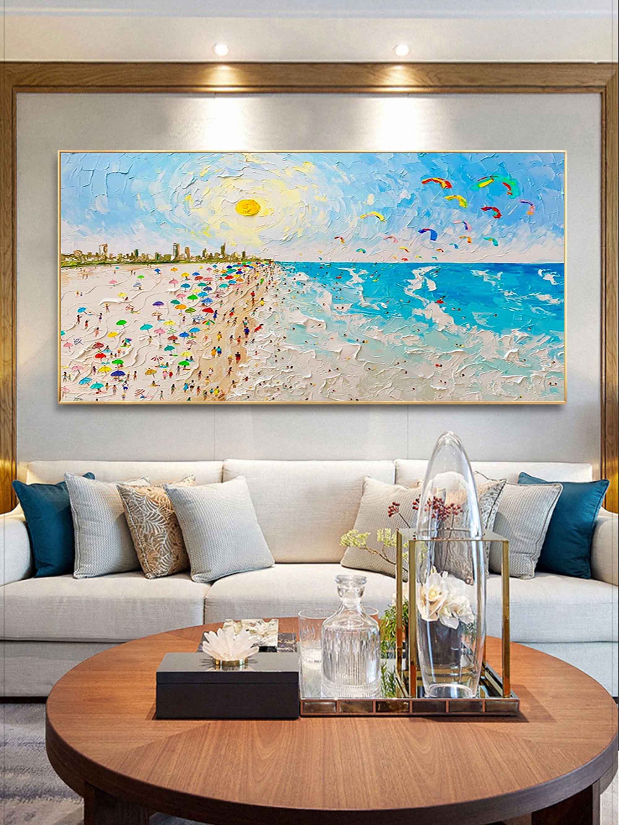 Sunshine Beach Ocean Waves Palette Knife Painting Texture Canvas Art Summer Beach Scenery Wall Art