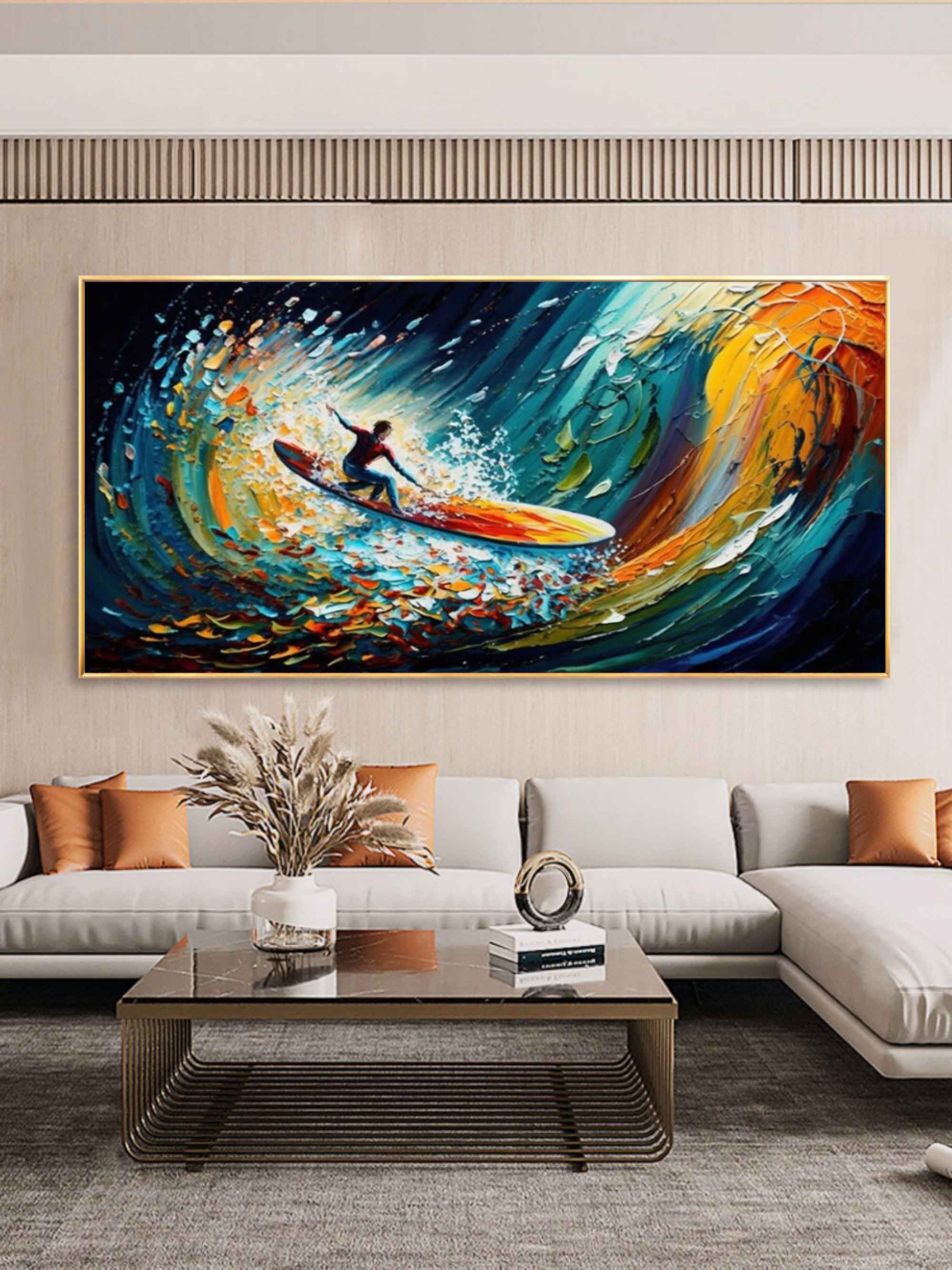 Large Colorful Surfer Oil Painting Surfer Painting on Canvas Colorful Textured Wall Art Palette Knife Art