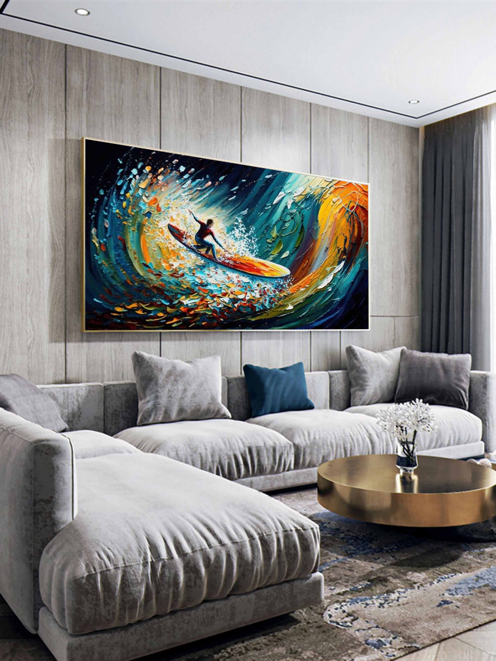 Large Colorful Surfer Oil Painting Surfer Painting on Canvas Colorful Textured Wall Art Palette Knife Art