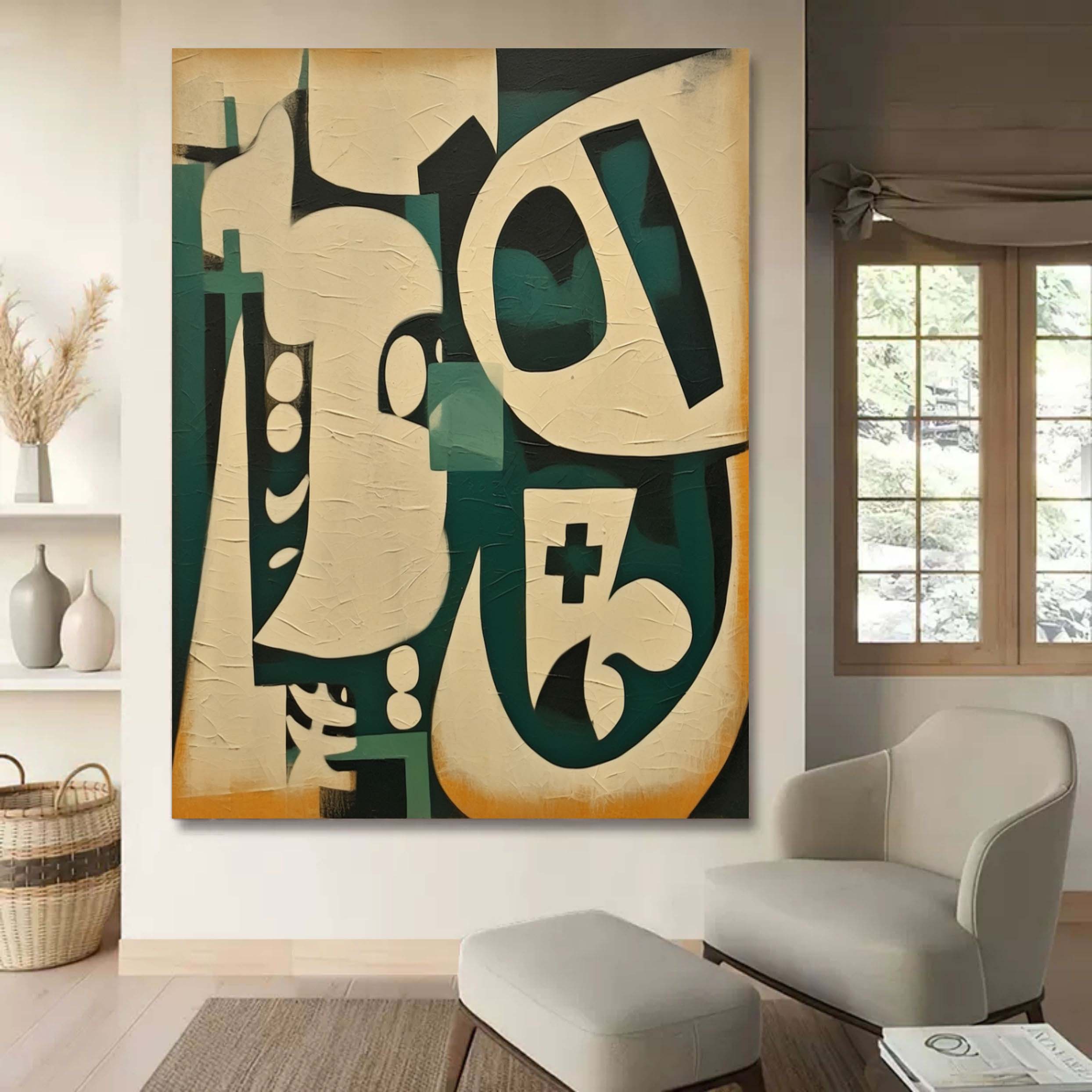 Green and Beige Minimalist Abstract Canvas Wall Art Wabi-Sabi Interior Design Decor Painting