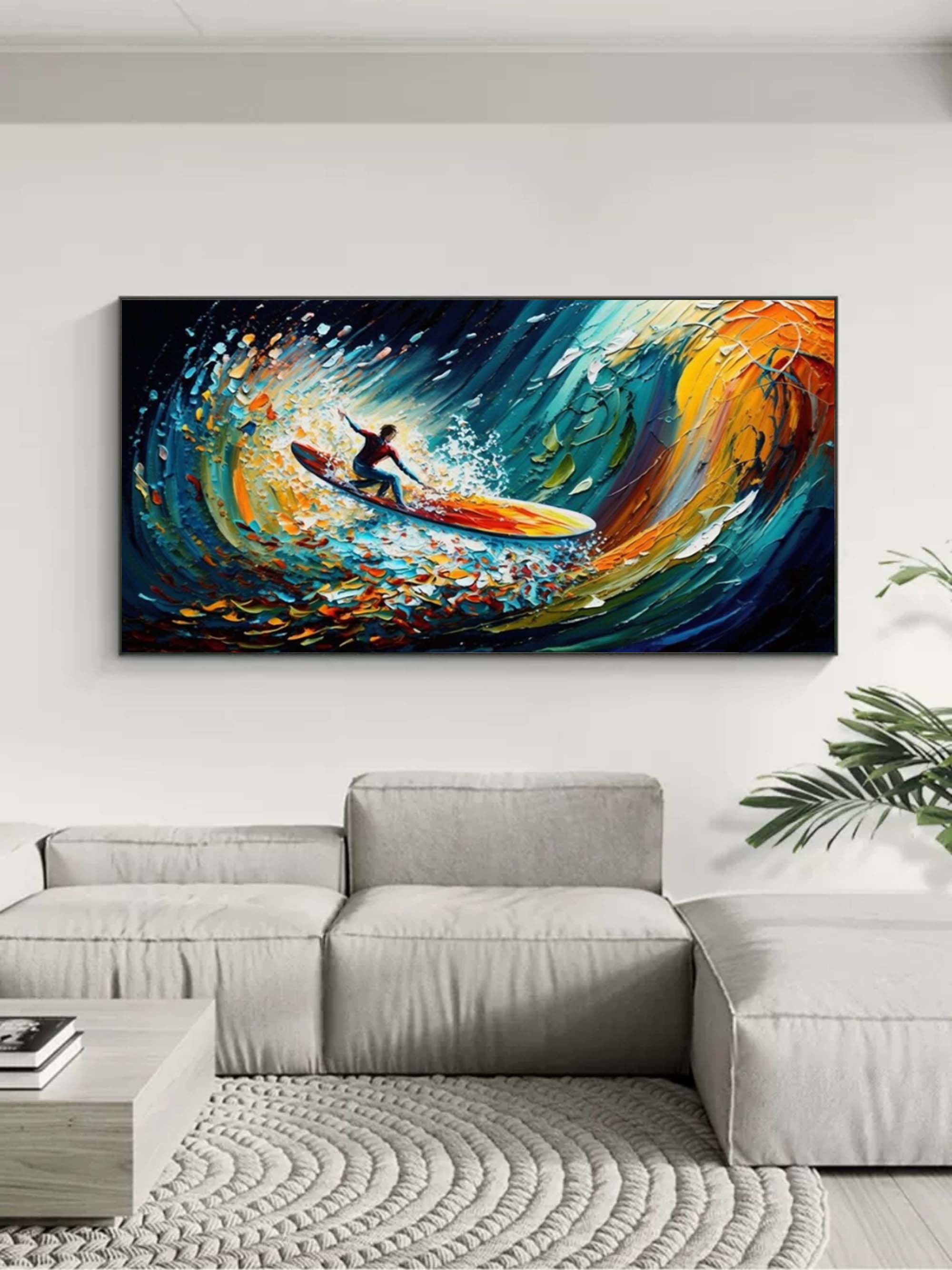 Large Colorful Surfer Oil Painting Surfer Painting on Canvas Colorful Textured Wall Art Palette Knife Art