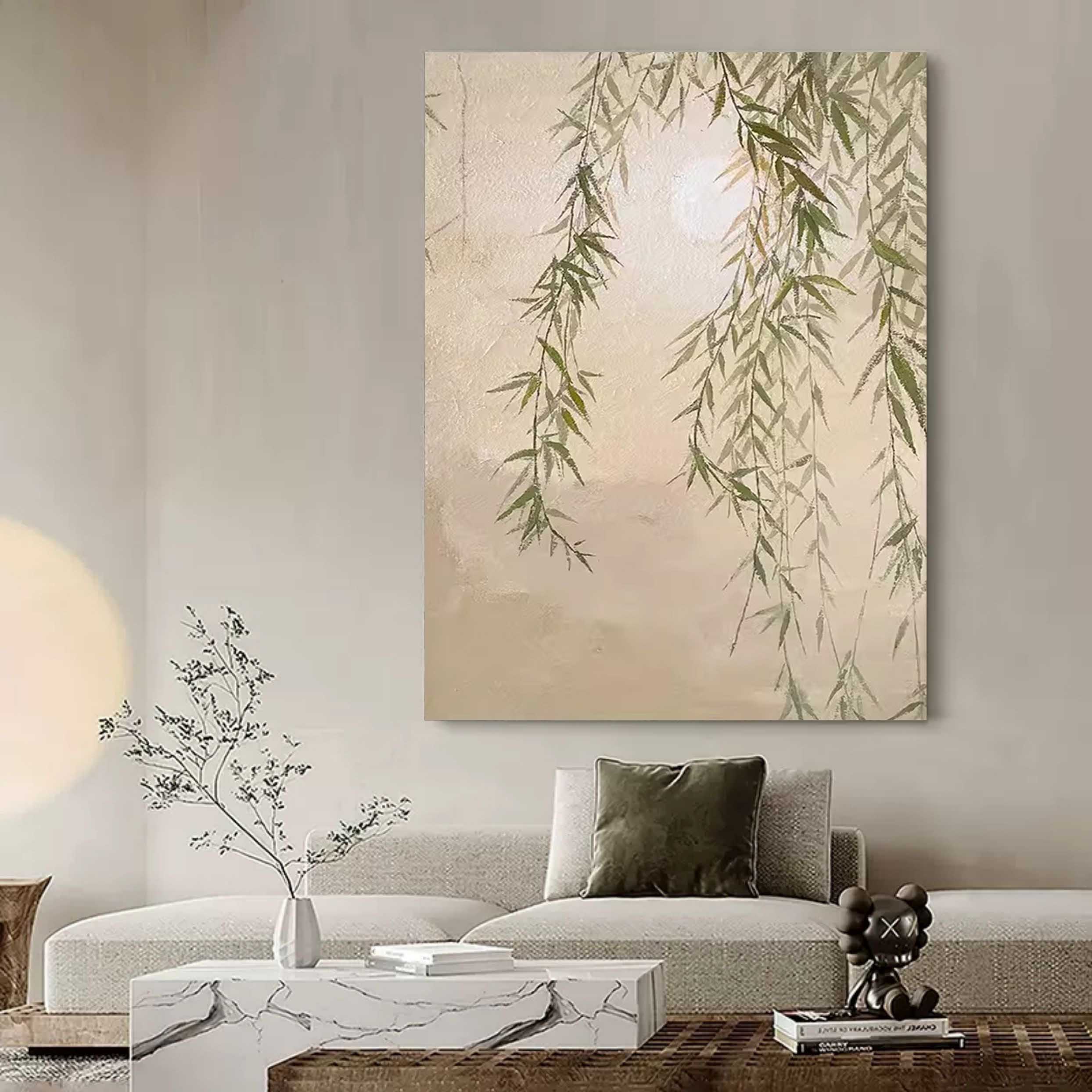 Green Willow On Canvas Wabi-Sabi Art Green Willow Oil Painting Willow Landscape Wall Art