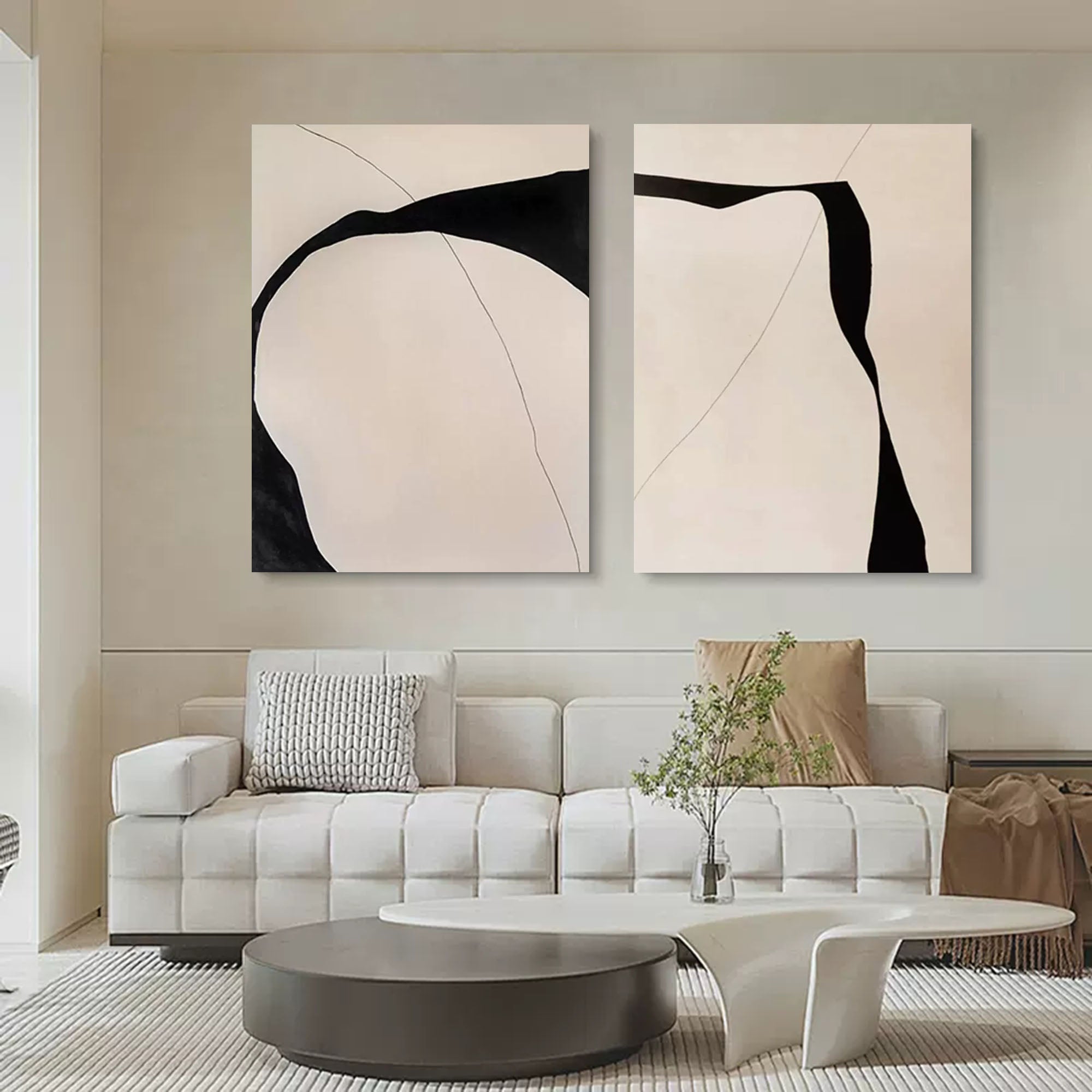 Beige and Black Minimalist Abstract Canvas Painting Set of 2 Wabi Sabi ...