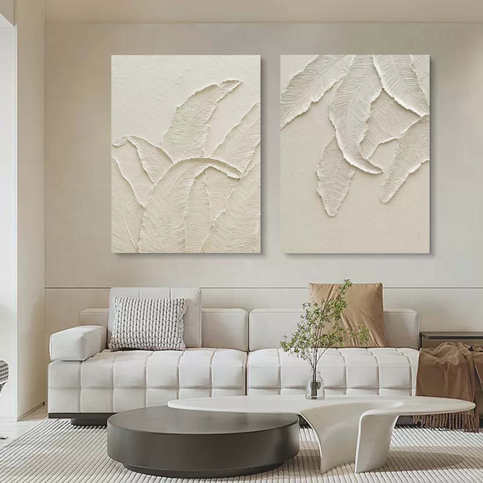 White Leaf Textured Canvas Art Set of 2 Heavy Textured Acrylic Painting Plaster Wall Art