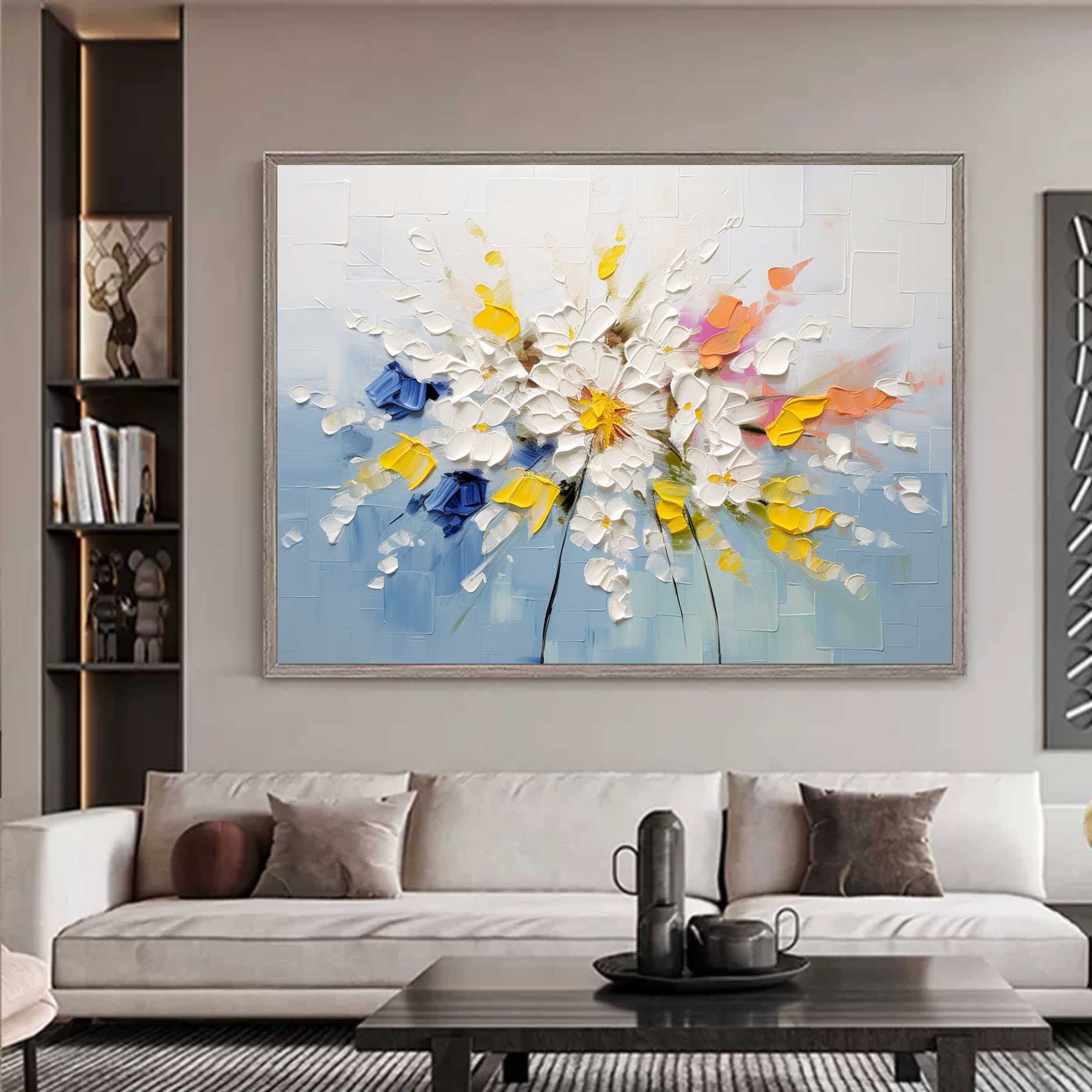 Large White and Blue Flowers Texture Painting Floral Palette Wall Art Decoration Floral Canvas Art