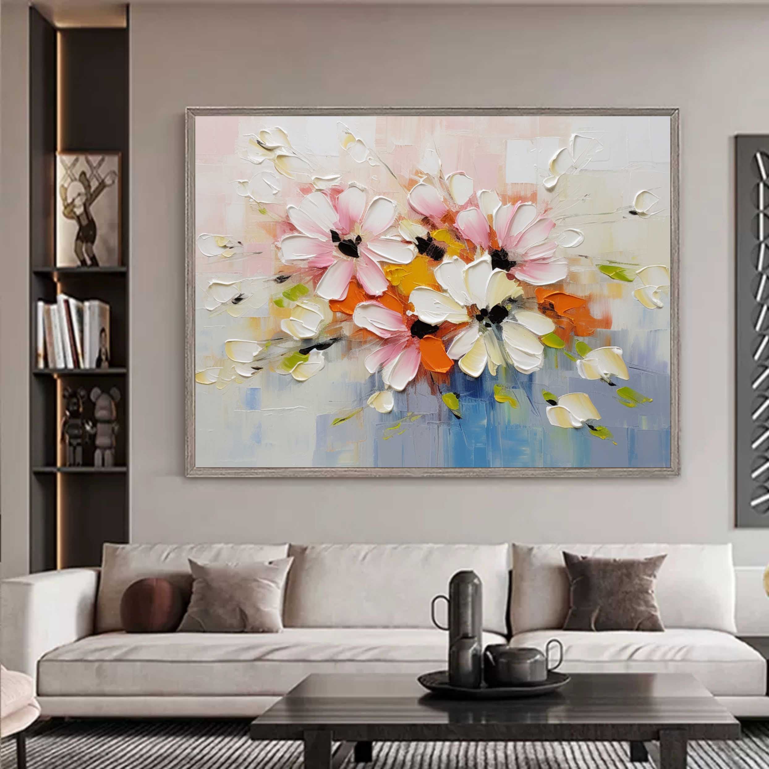 Large Beige and Blue Flowers Textured Painting Flowers Palette Wall Art Flowers Canvas Art