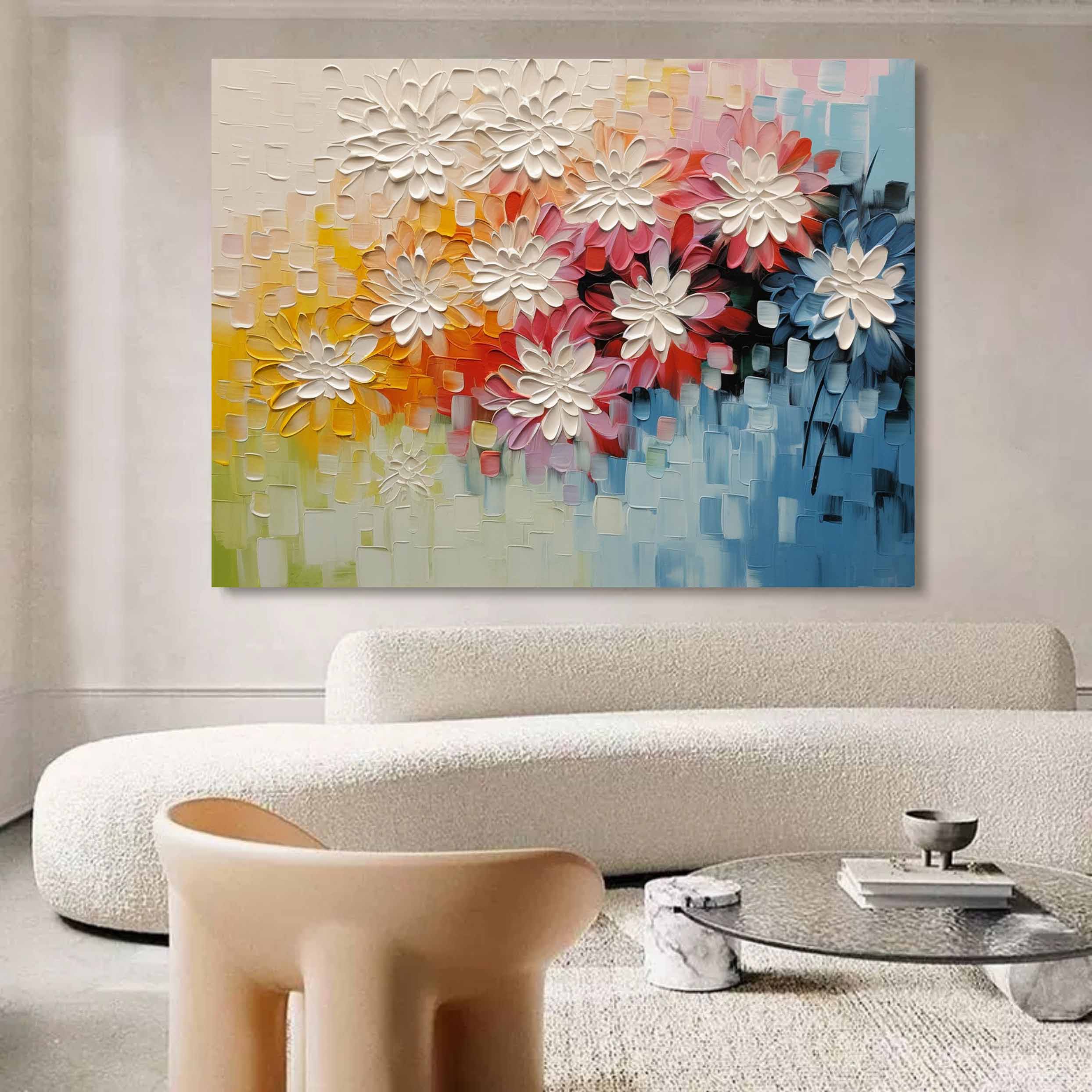 Large Palette Wall Painting White Flowers Plaster Art Flowers Texture Canvas Art Colorful Painting