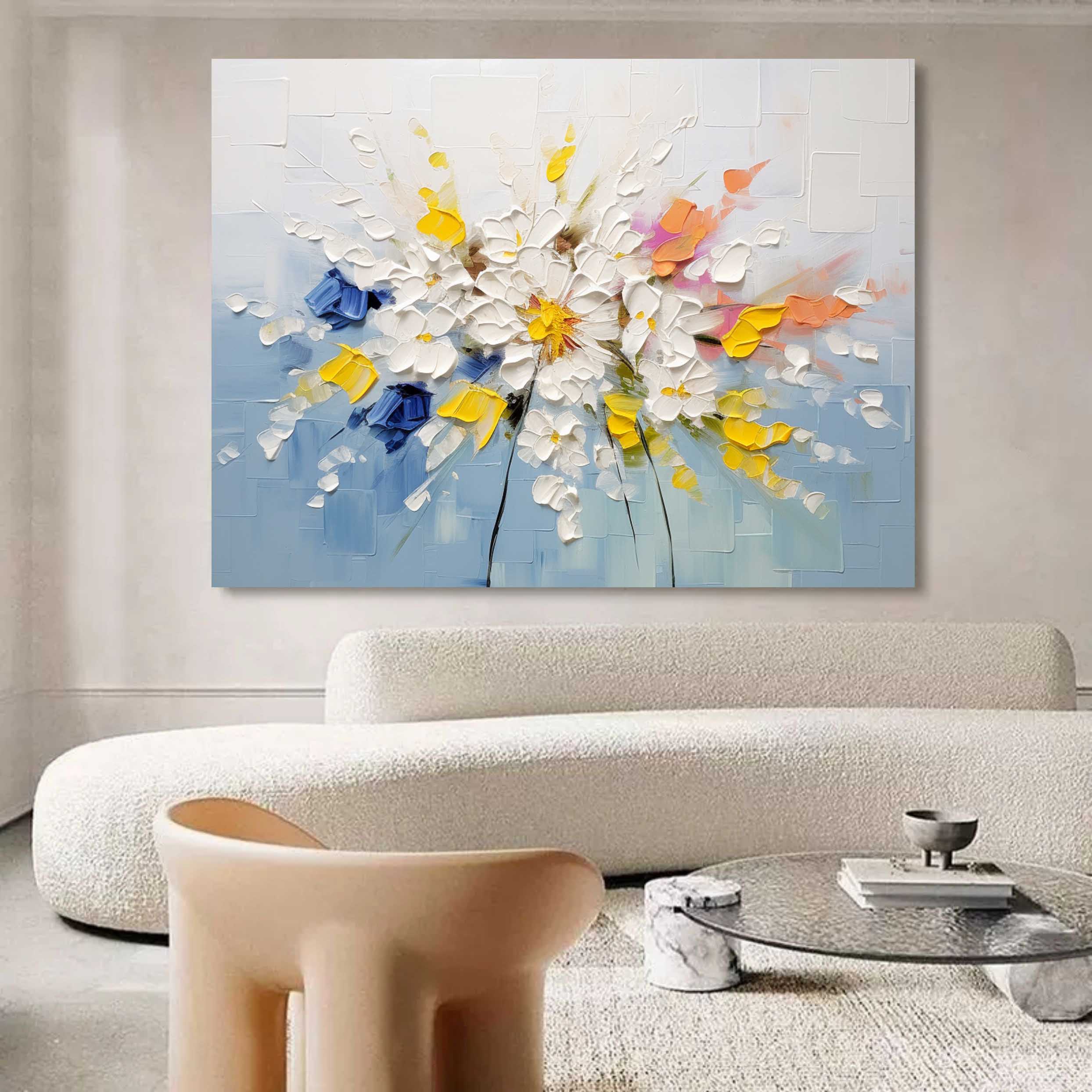 Large White and Blue Flowers Texture Painting Floral Palette Wall Art Decoration Floral Canvas Art