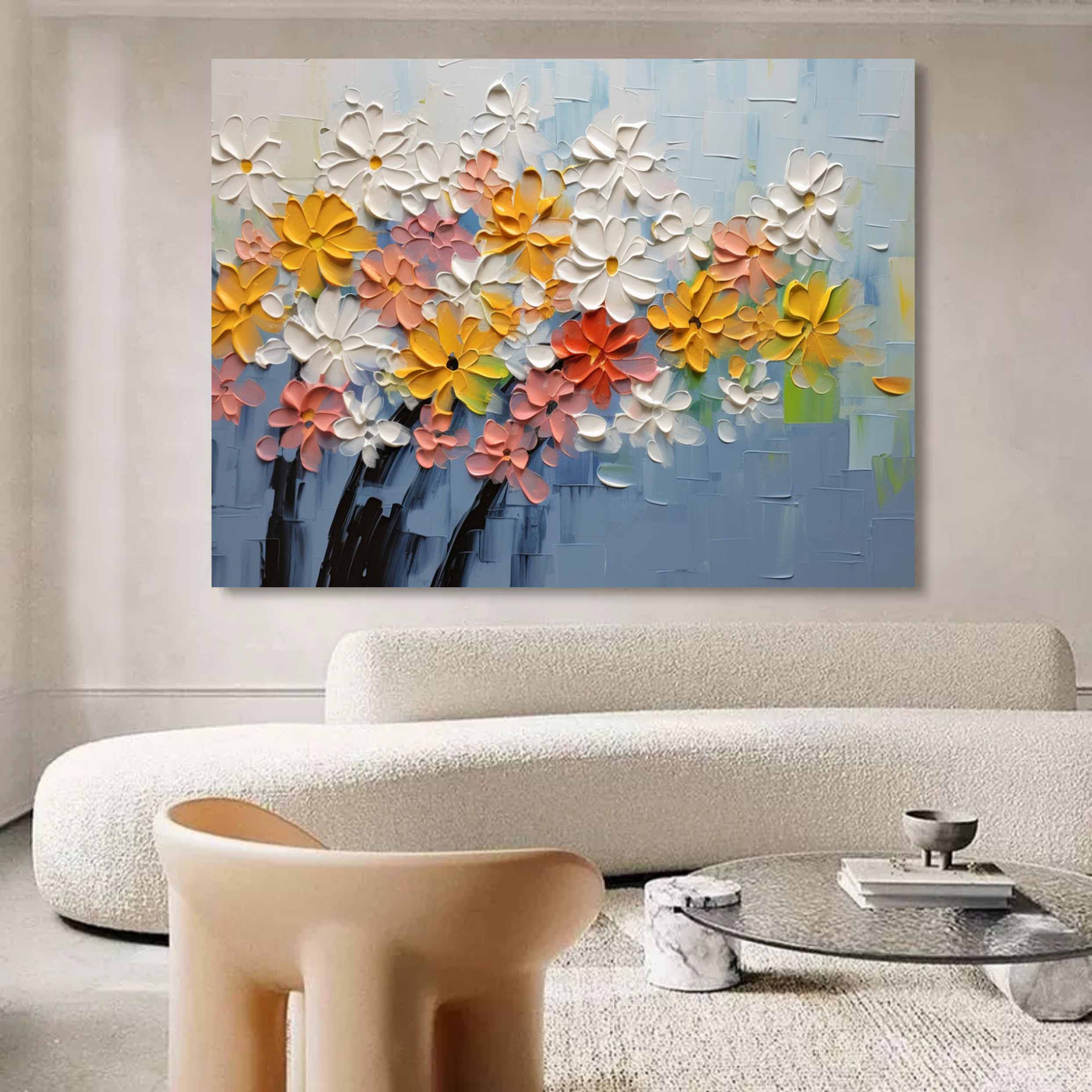 Large White and Yellow Flowers Texture Painting Flowers Texture Wall Art Flowers Canvas Art For Sale