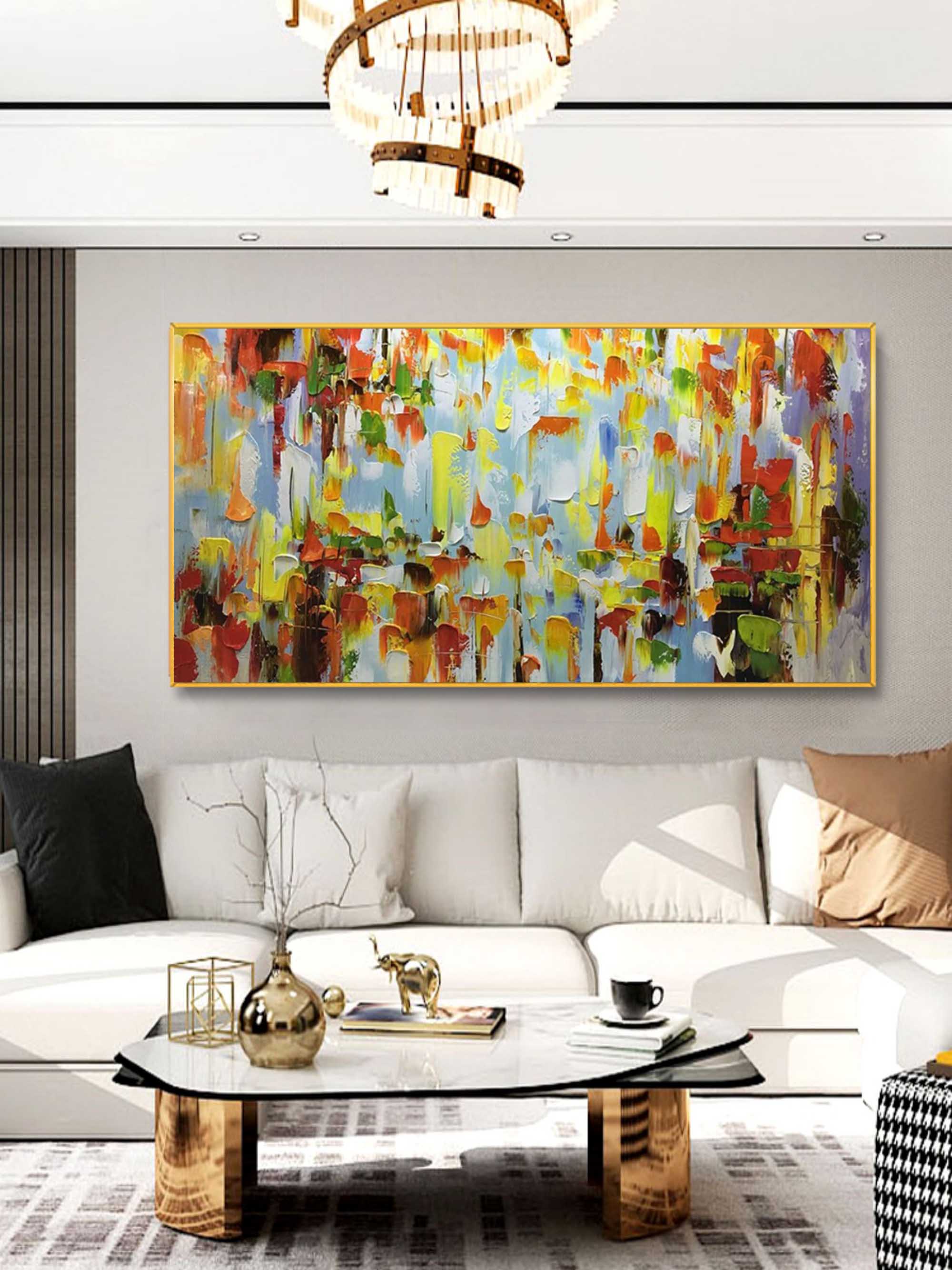 Large Palette Knife Abstract Painting Colorful Textured Painting Large Colorful Living Room Wall Hanging Painting