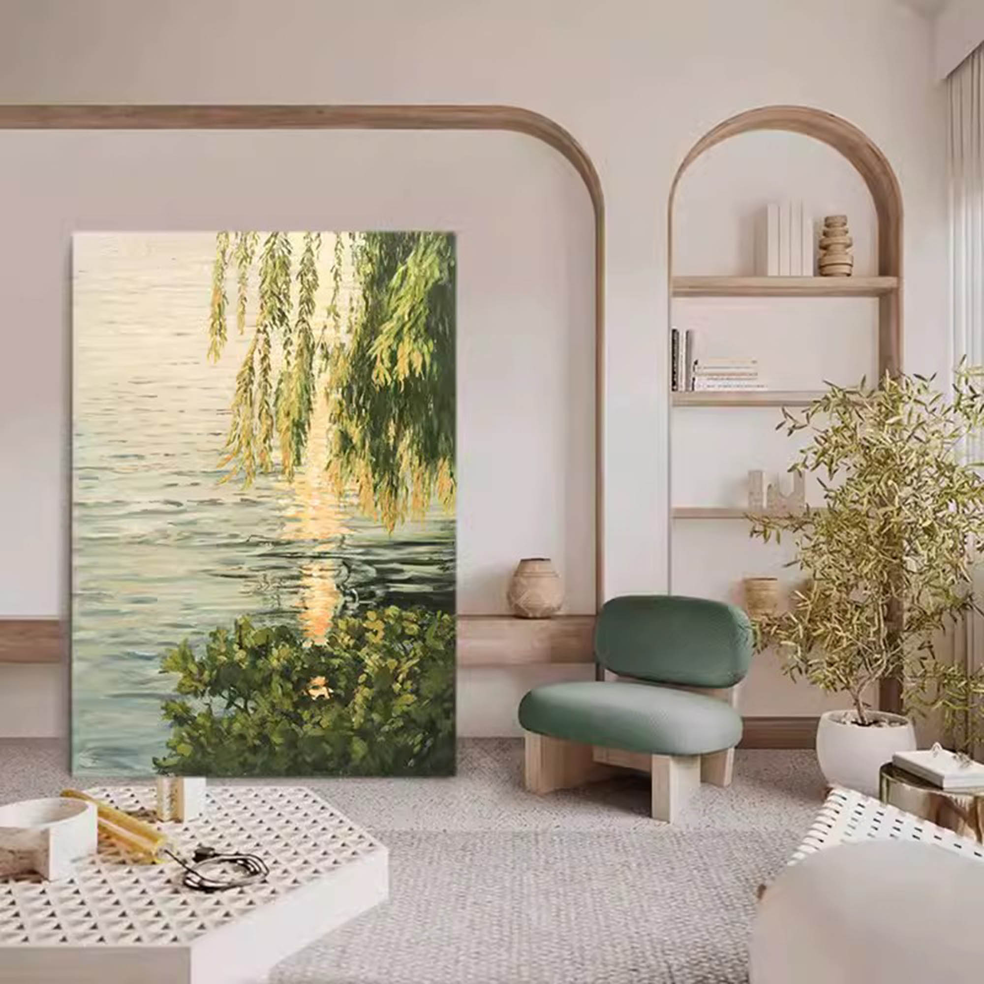 Lakeside Green Leaves Landscape Oil Painting Original Landscape Canvas Art Green Landscape Wall Art