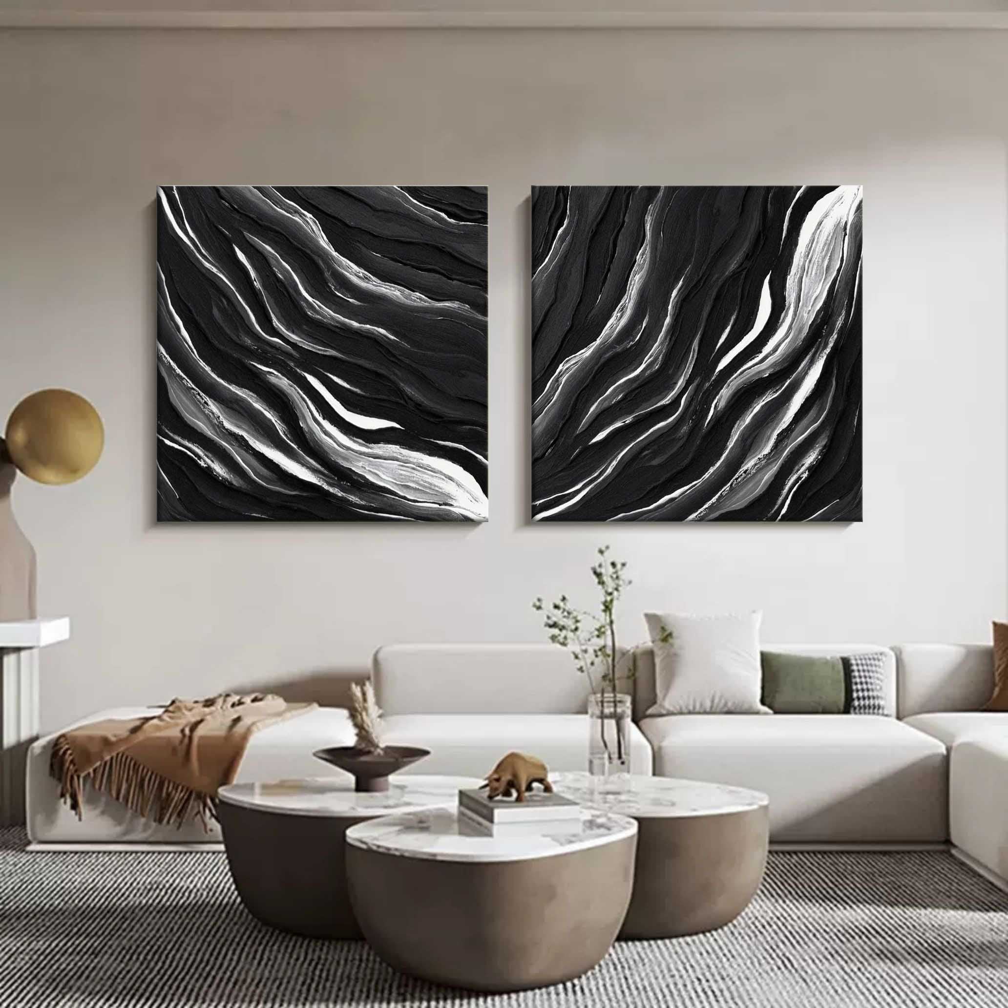 Set of 2 Black and White Abstract Texture Art Textured Acrylic Wall Painting Minimalist Canvas Art