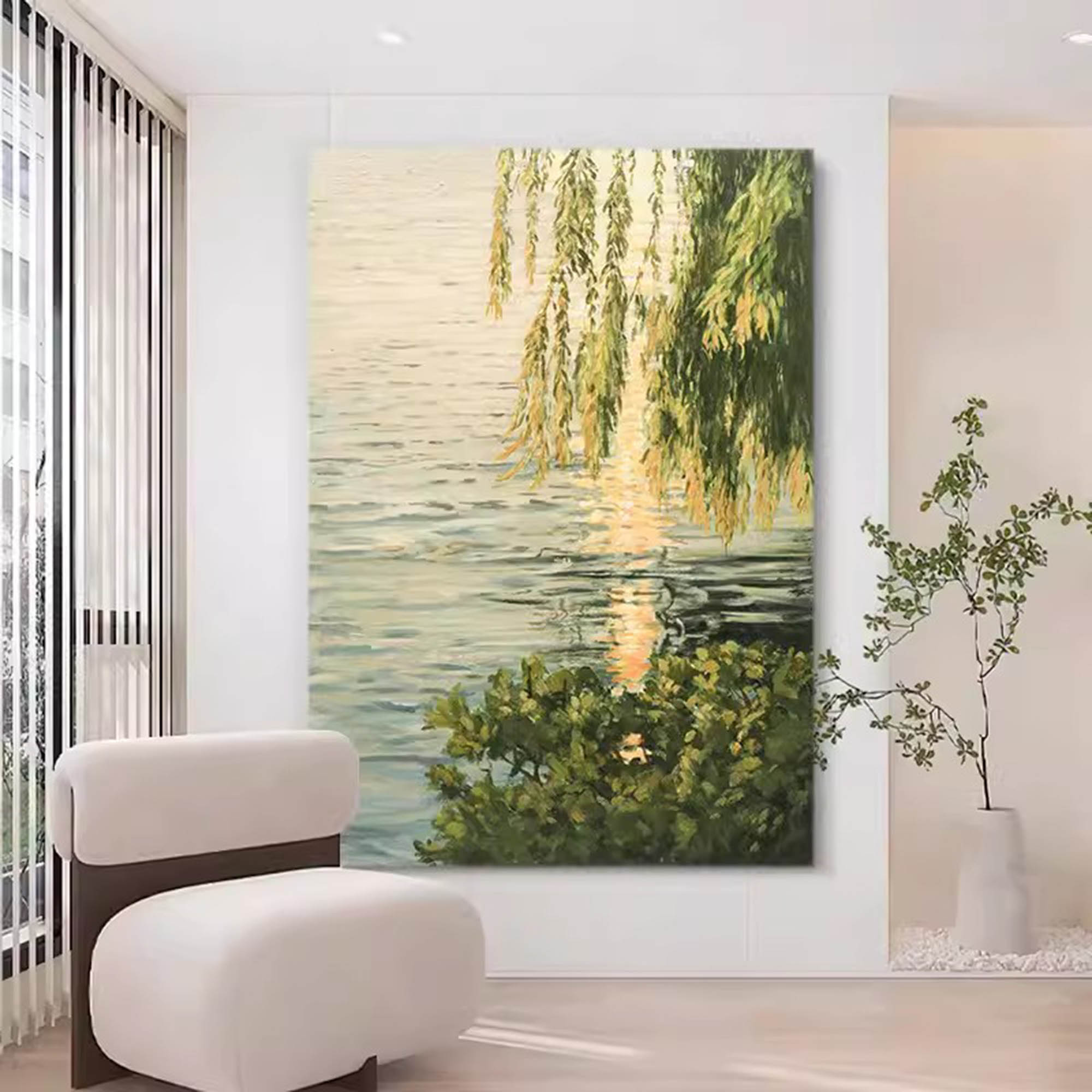 Lakeside Green Leaves Landscape Oil Painting Original Landscape Canvas Art Green Landscape Wall Art