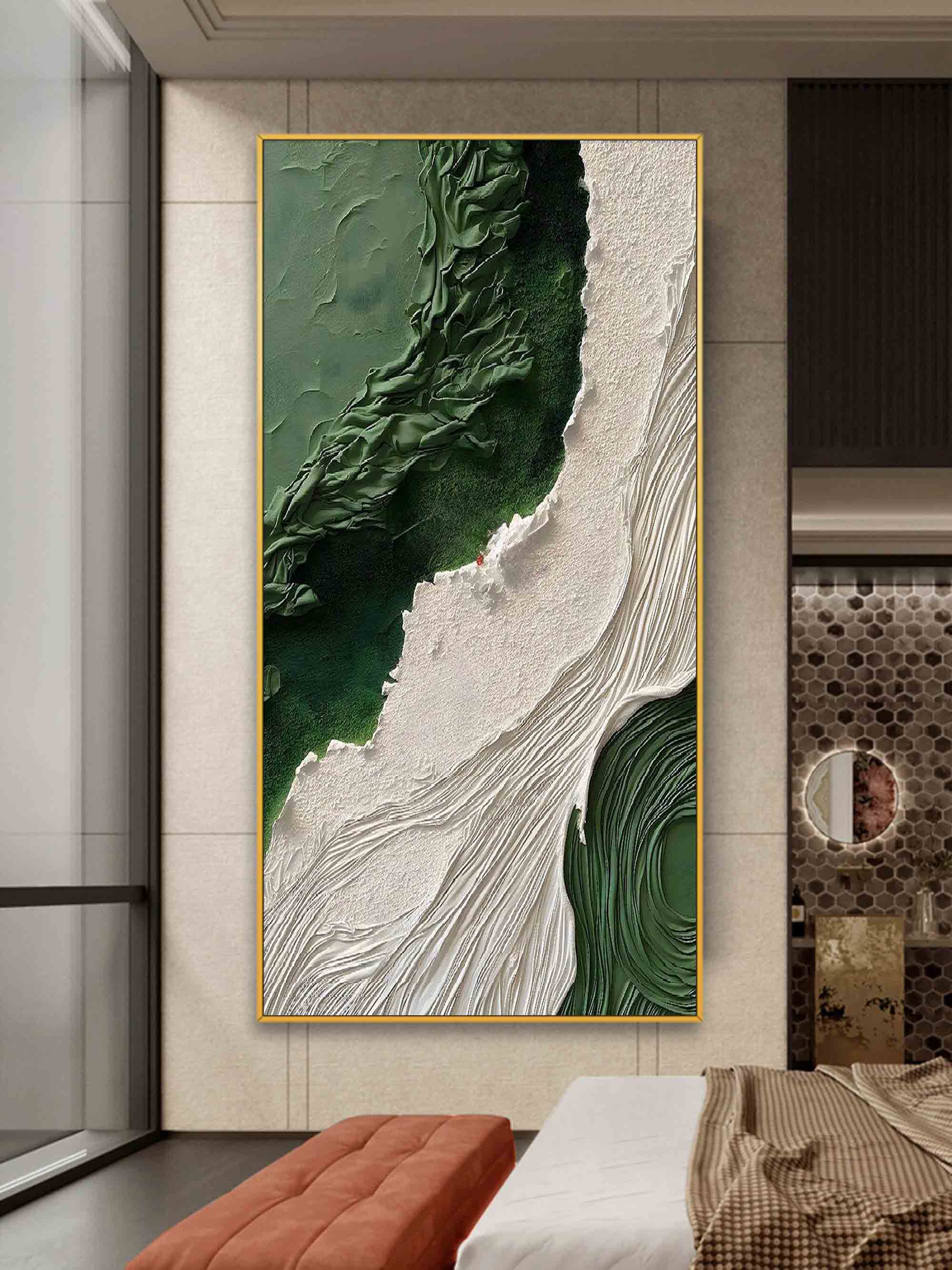 3D Large Green and White Textured Abstract Canvas Art Wabi Sabi Art Thick Textured Acrylic Painting