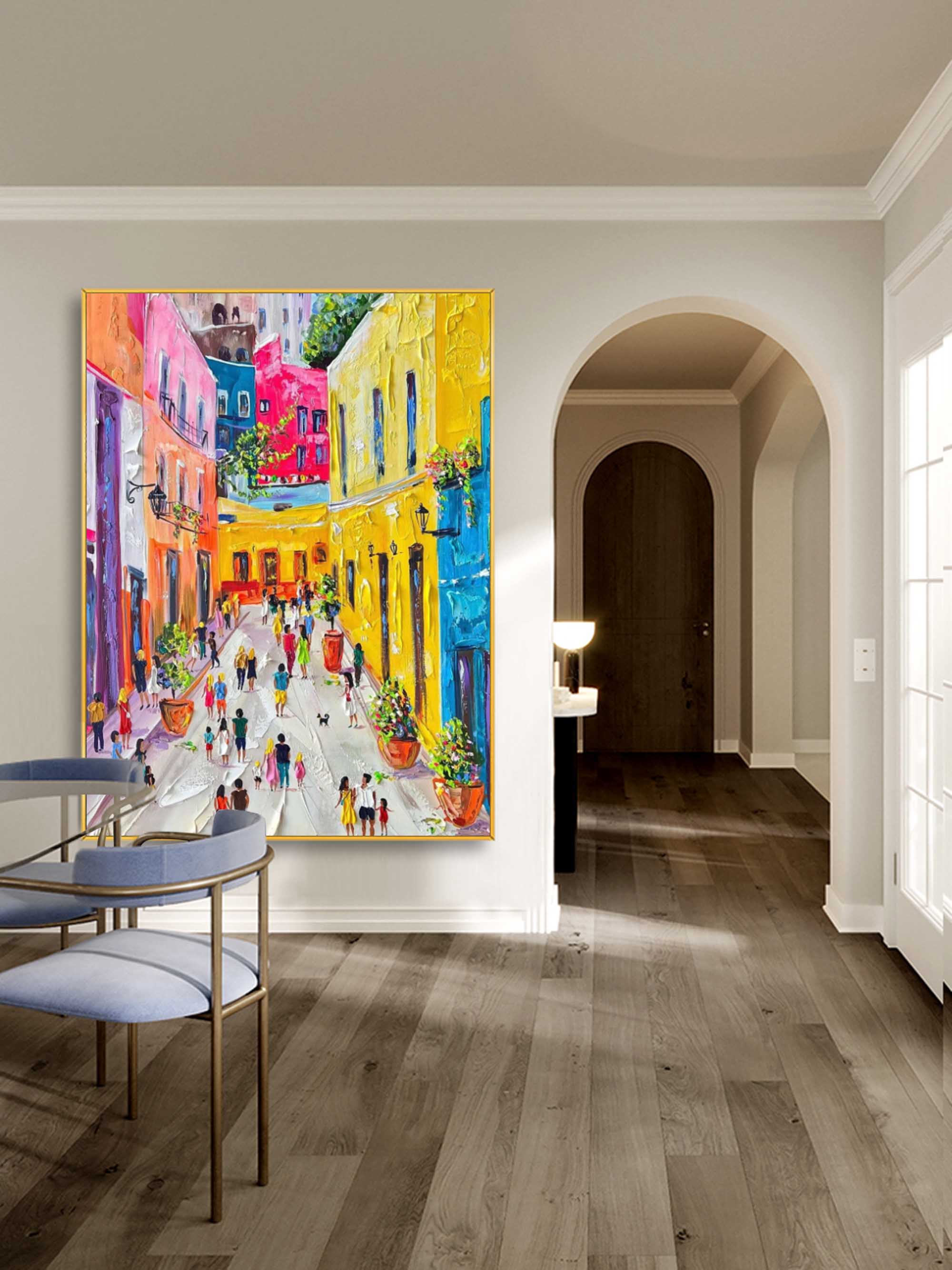 Colorful City Oil Painting Urban Texture Wall Painting Urban Knife Painting on Canvas Palette Knife Art