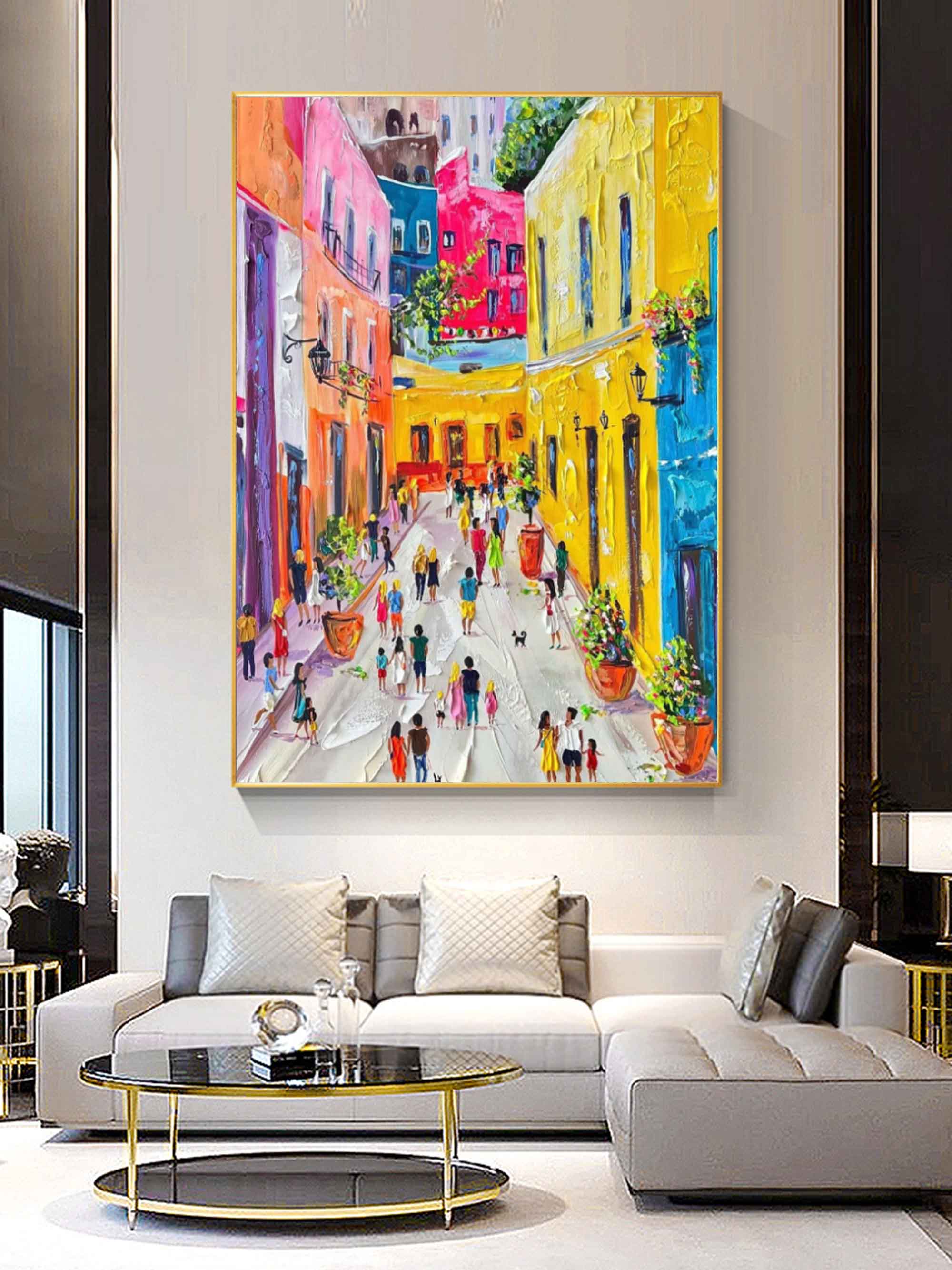 Colorful City Oil Painting Urban Texture Wall Painting Urban Knife Painting on Canvas Palette Knife Art