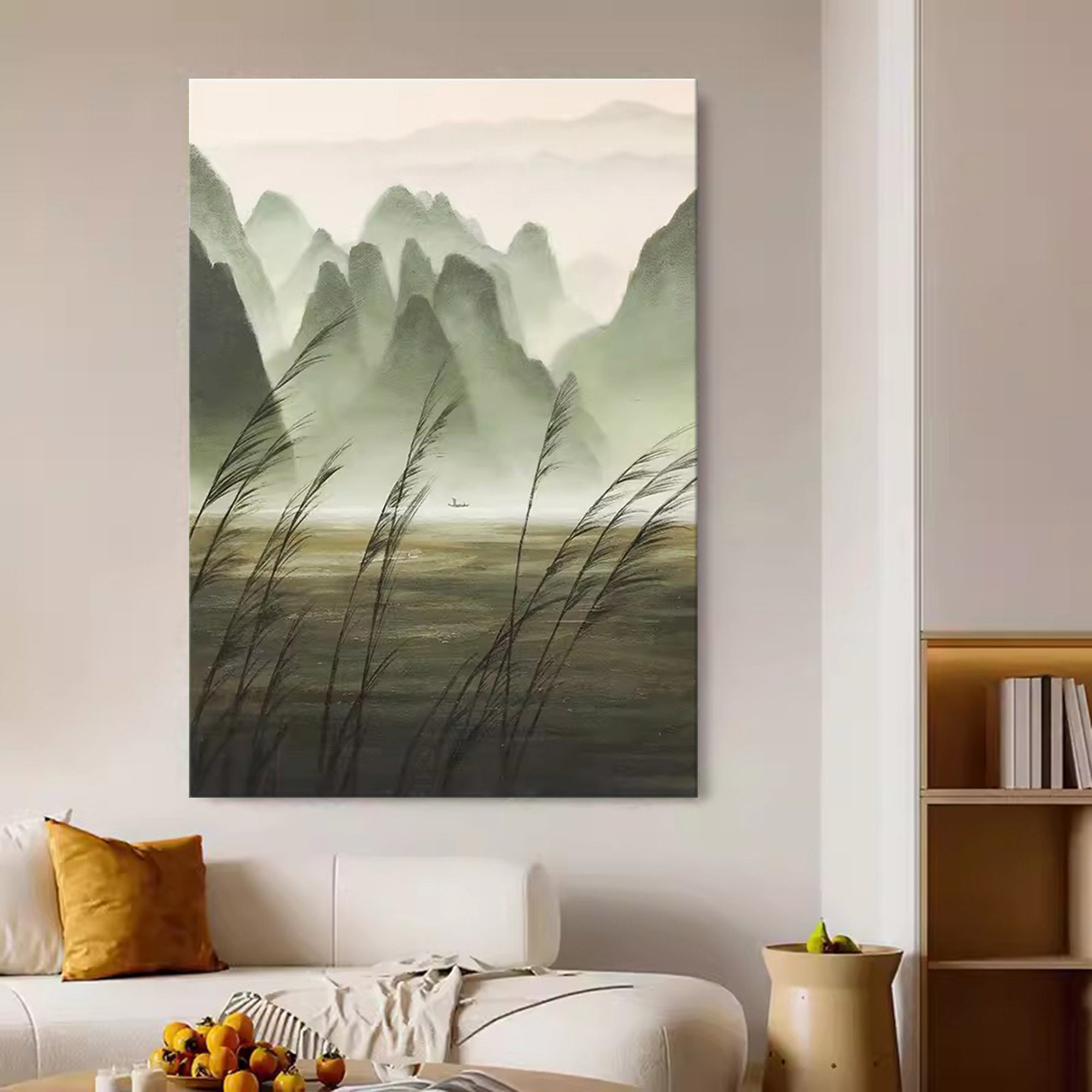 Gray and Green Landscape Canvas Art Wabi-Sabi Wall Art Decor Gray and Green Landscape Oil Painting