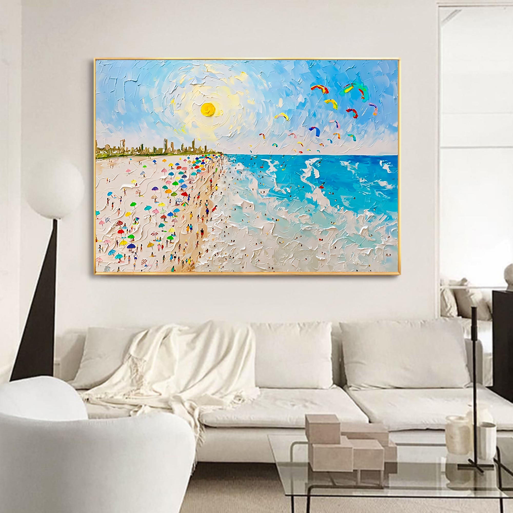 Sun Sea Waves Beach Oil Painting Textured Canvas Art Palette Knife Wall Art Summer Painting For Sale