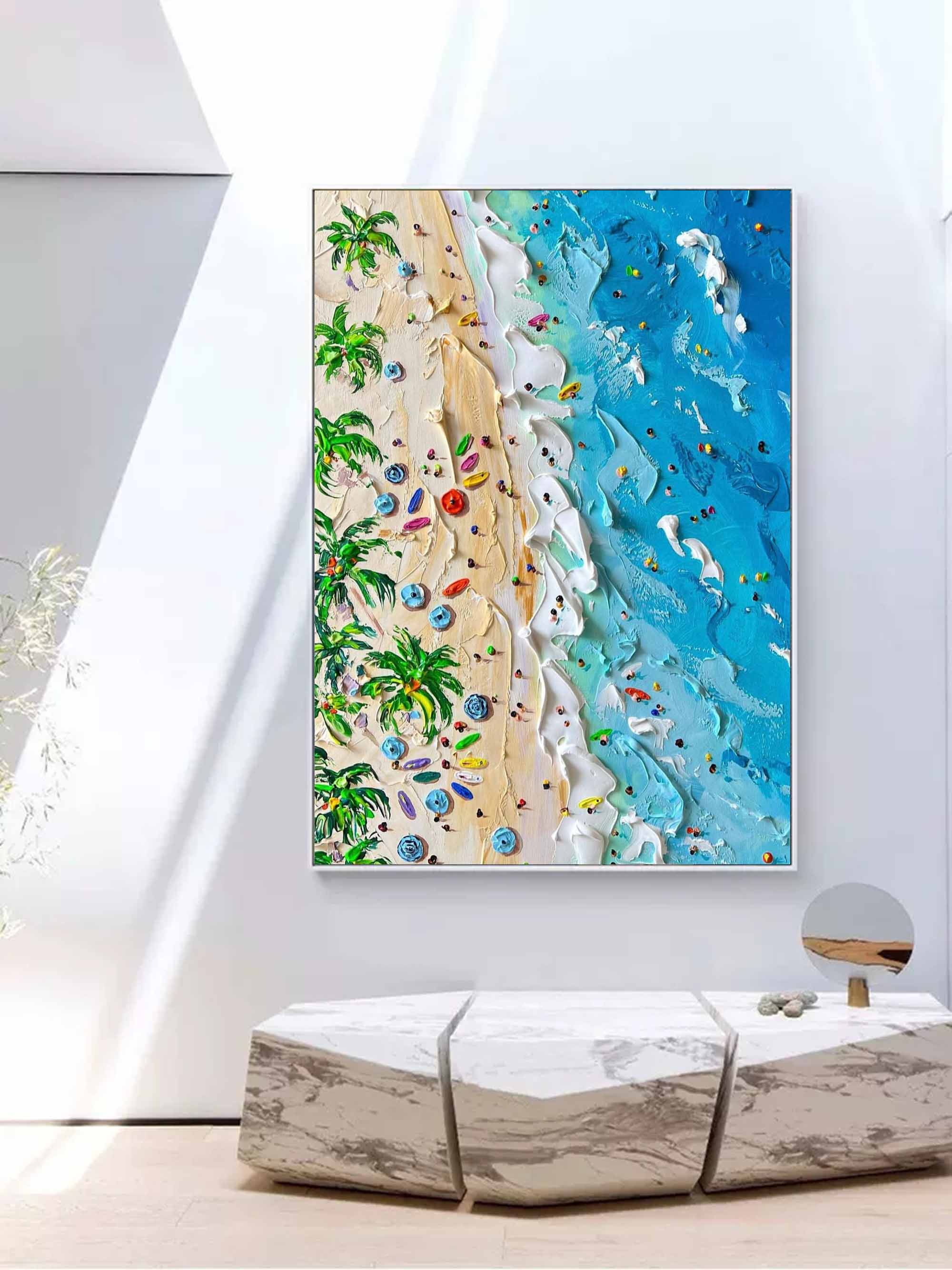 Summer Seaside Holiday Oil Painting On Sale Plaster Canvas Art Blue Ocean Waves Beach Wall Art