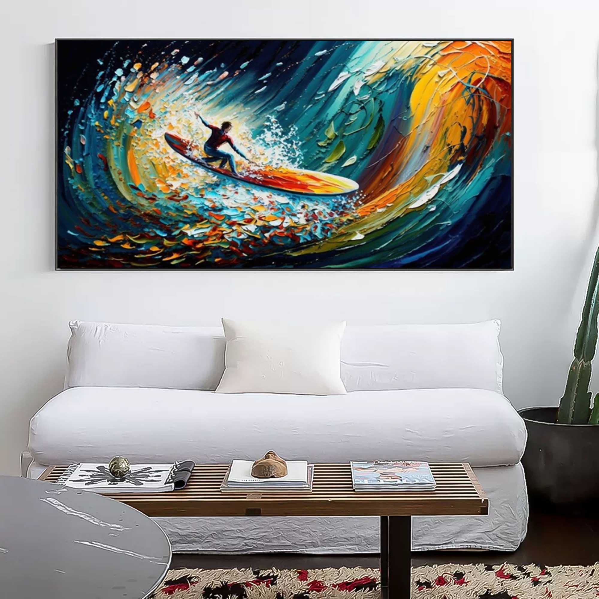 Large Colorful Surfer Oil Painting Surfer Painting on Canvas Colorful Textured Wall Art Palette Knife Art