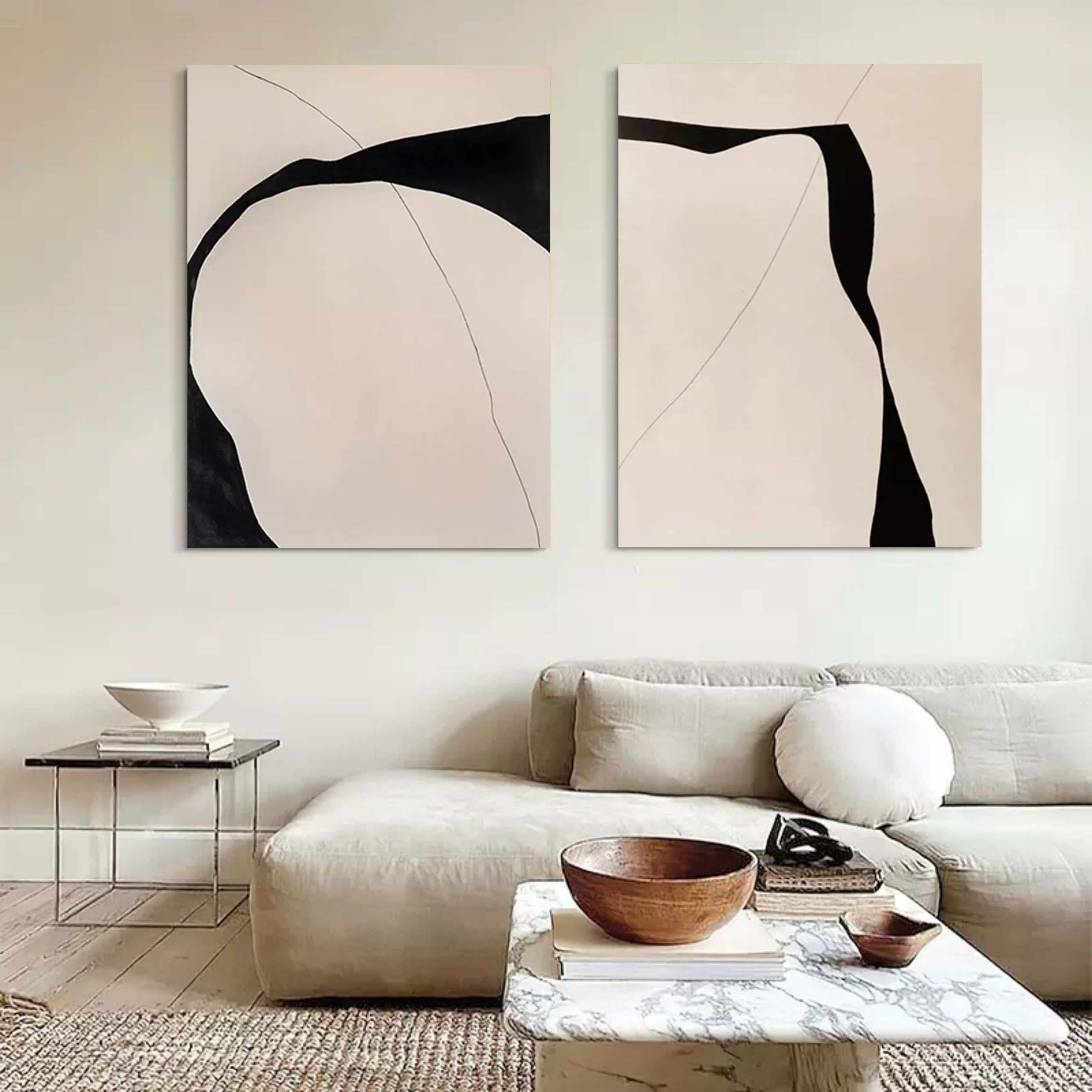 Beige and Black Minimalist Abstract Canvas Painting Set of 2 Wabi Sabi Art Canvas Textured Wall Art