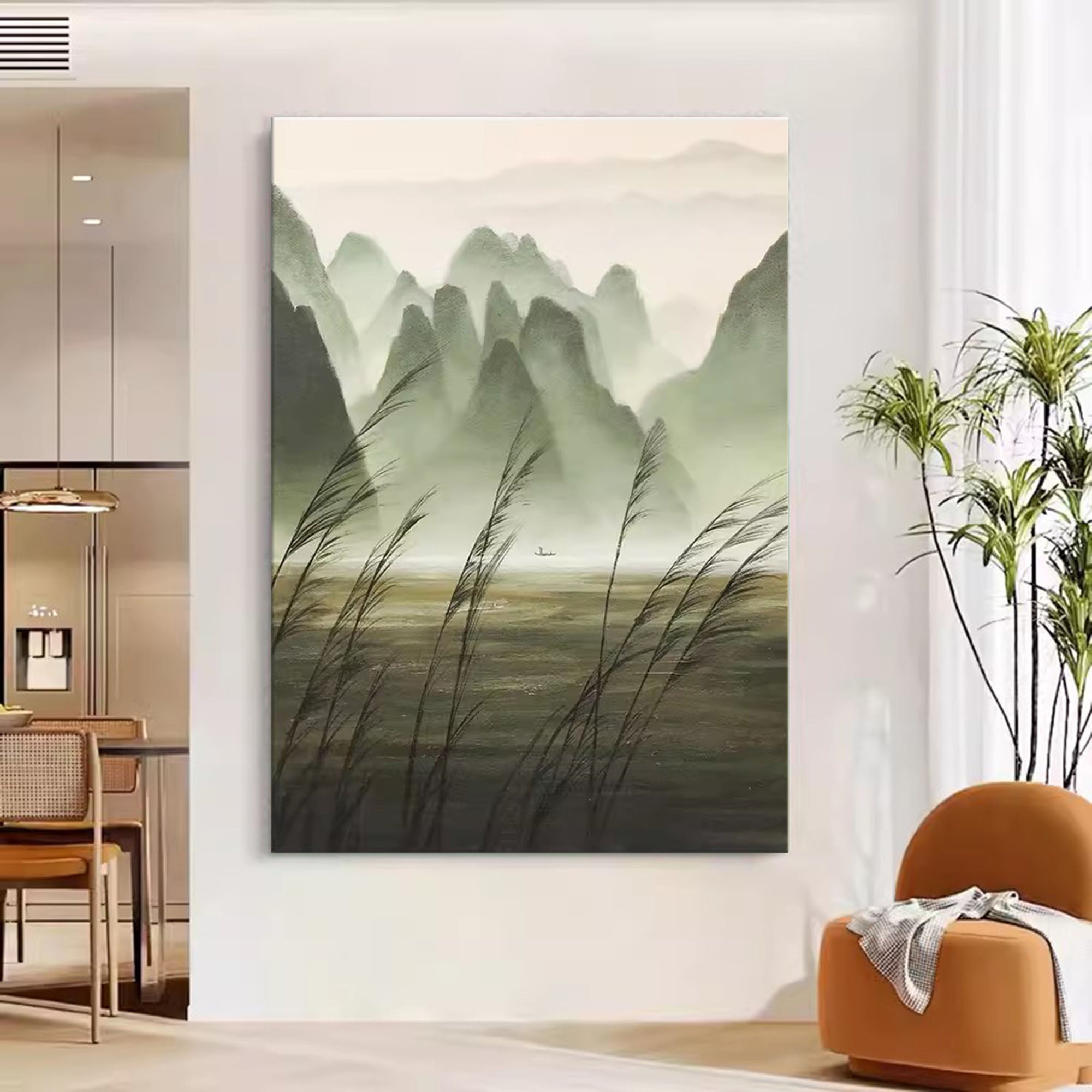 Gray and Green Landscape Canvas Art Wabi-Sabi Wall Art Decor Gray and Green Landscape Oil Painting