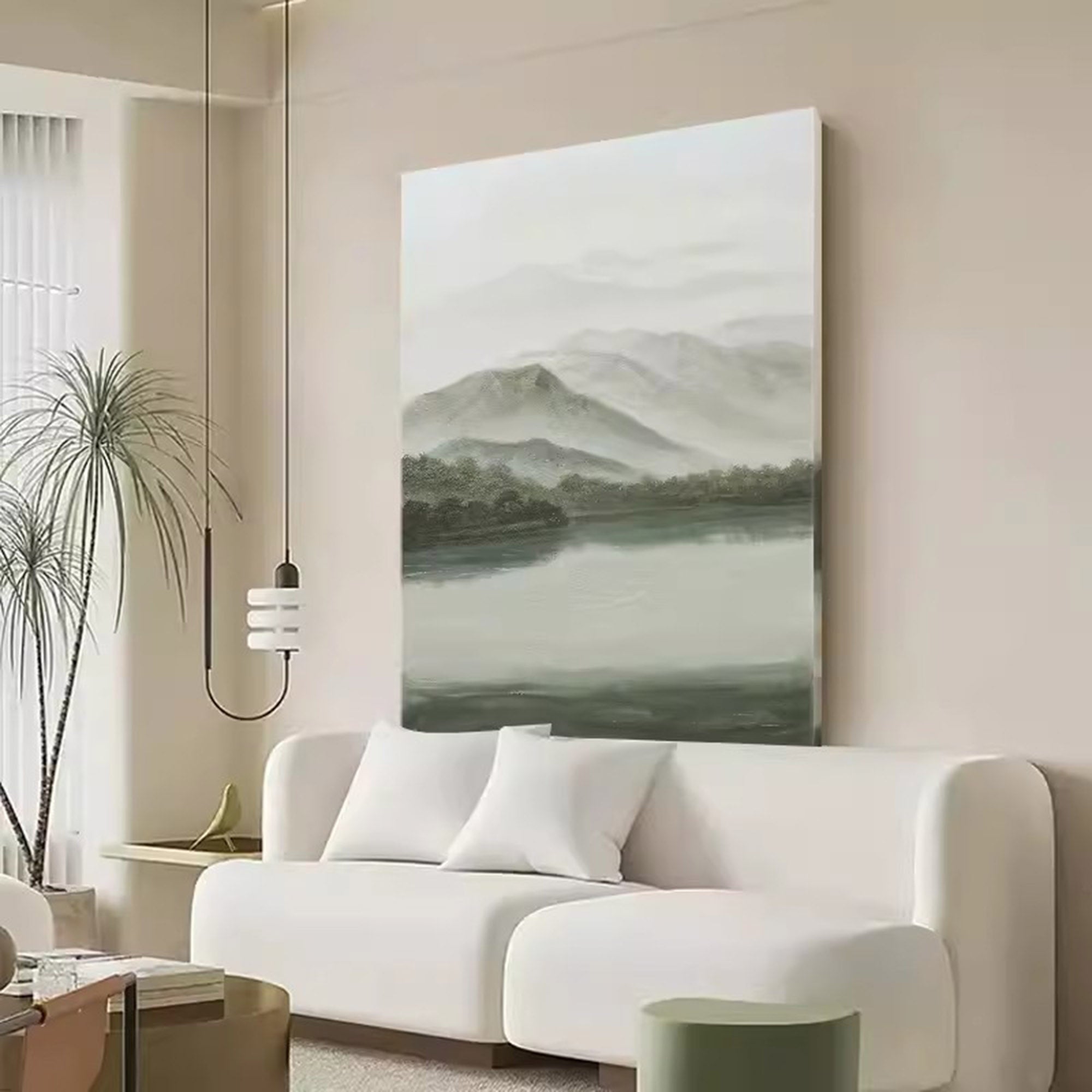 Gray and Green Landscape Oil Painting Gray and Green Landscape Wall Art Wabi-Sabi Interior Design