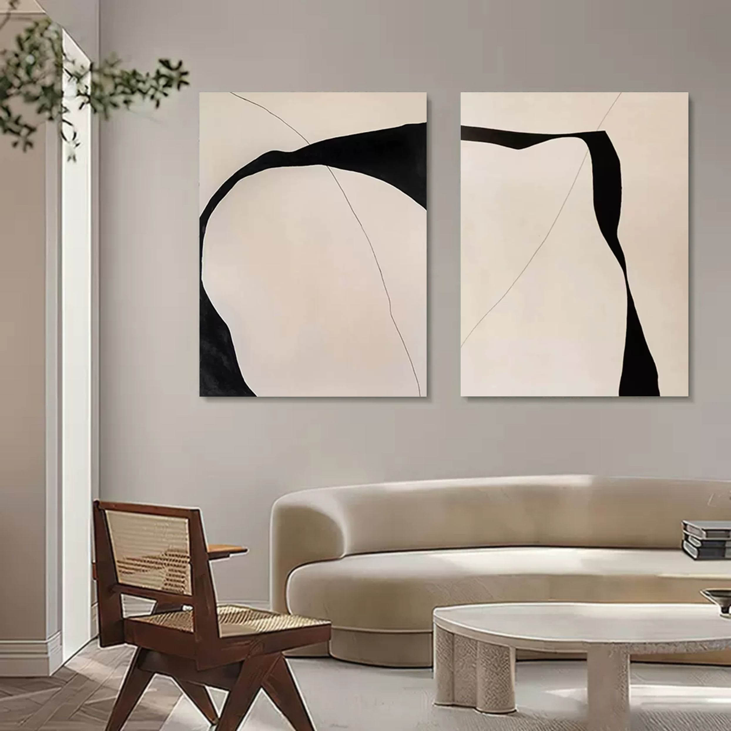 Beige and Black Minimalist Abstract Canvas Painting Set of 2 Wabi Sabi Art Canvas Textured Wall Art