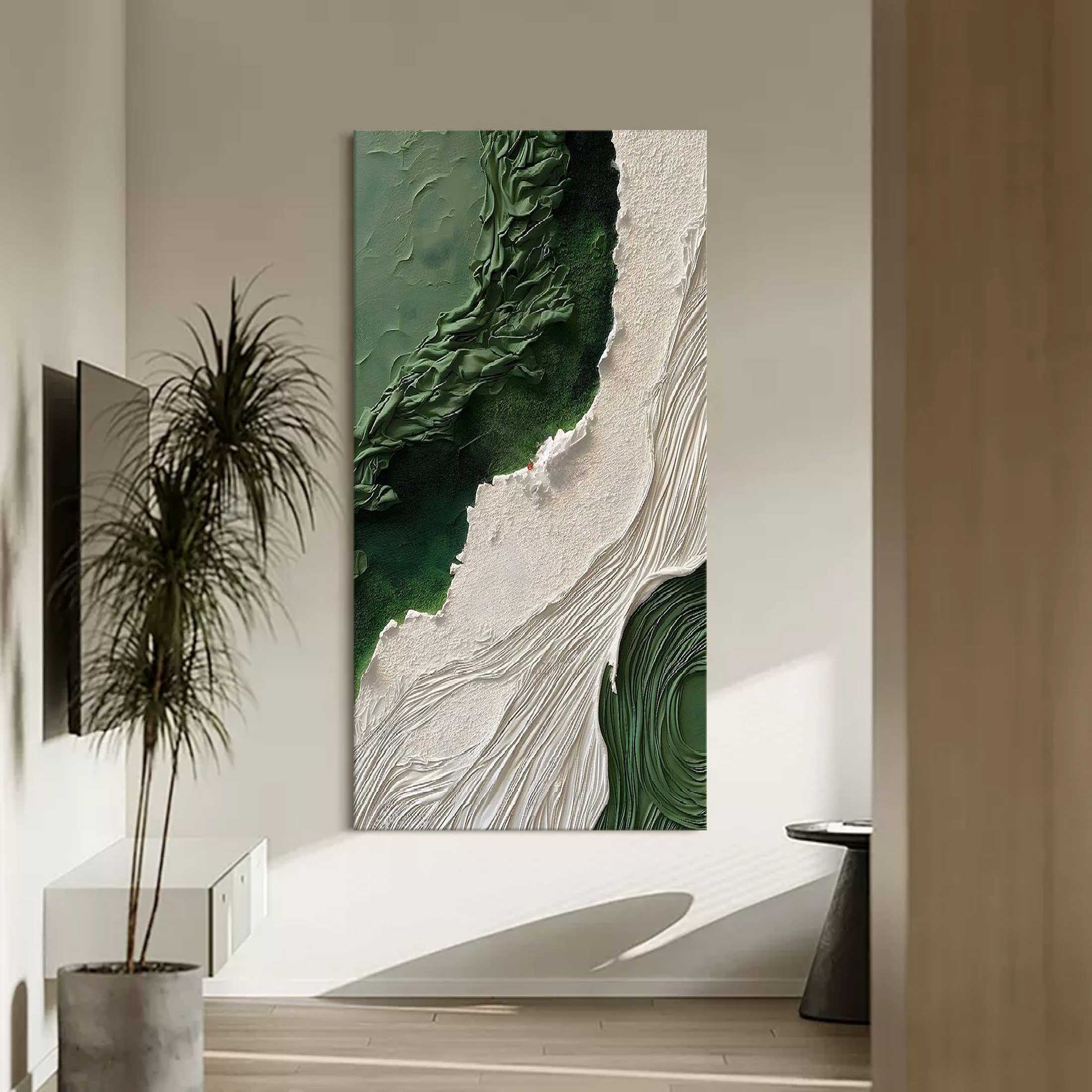 3D Large Green and White Textured Abstract Canvas Art Wabi Sabi Art Thick Textured Acrylic Painting