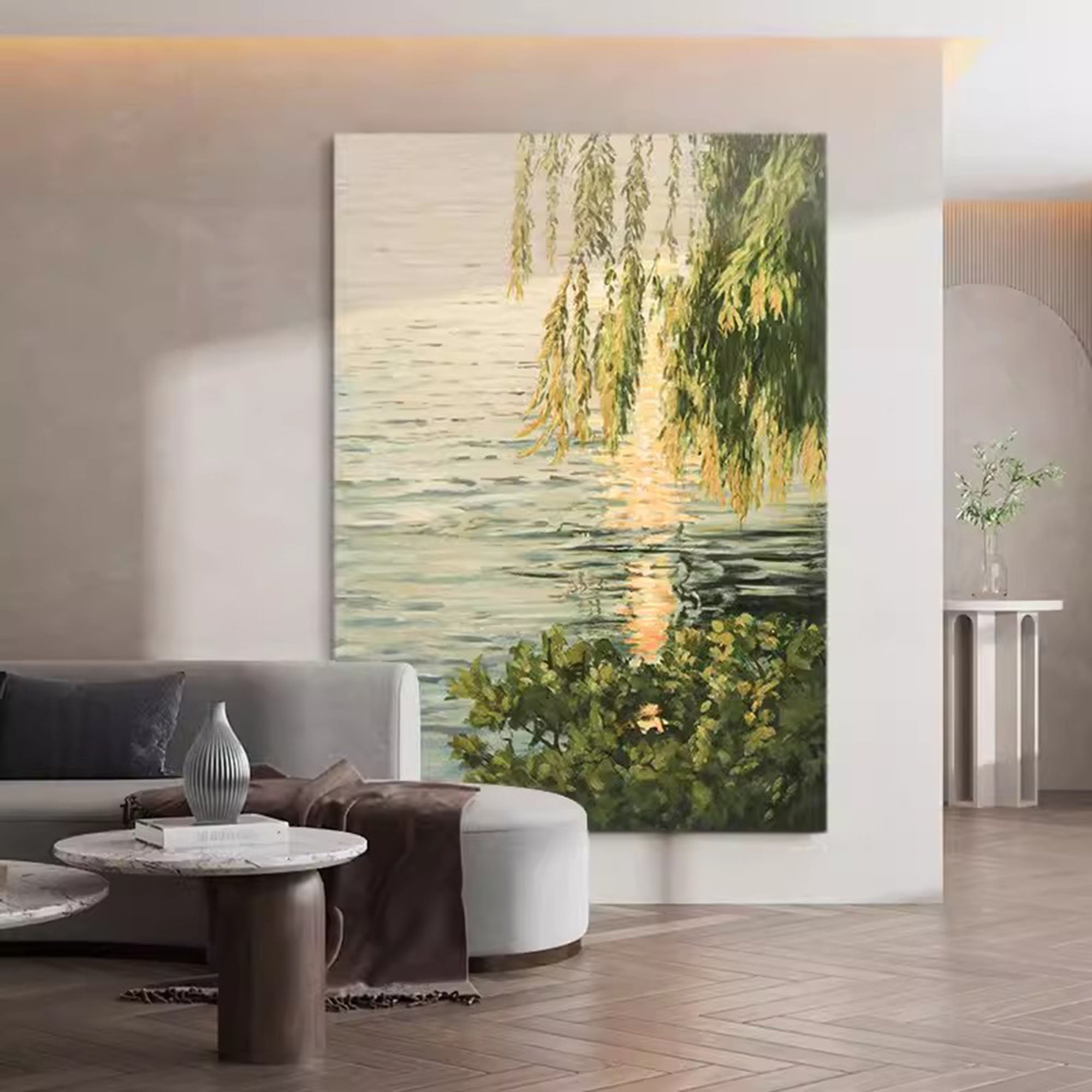 Lakeside Green Leaves Landscape Oil Painting Original Landscape Canvas Art Green Landscape Wall Art