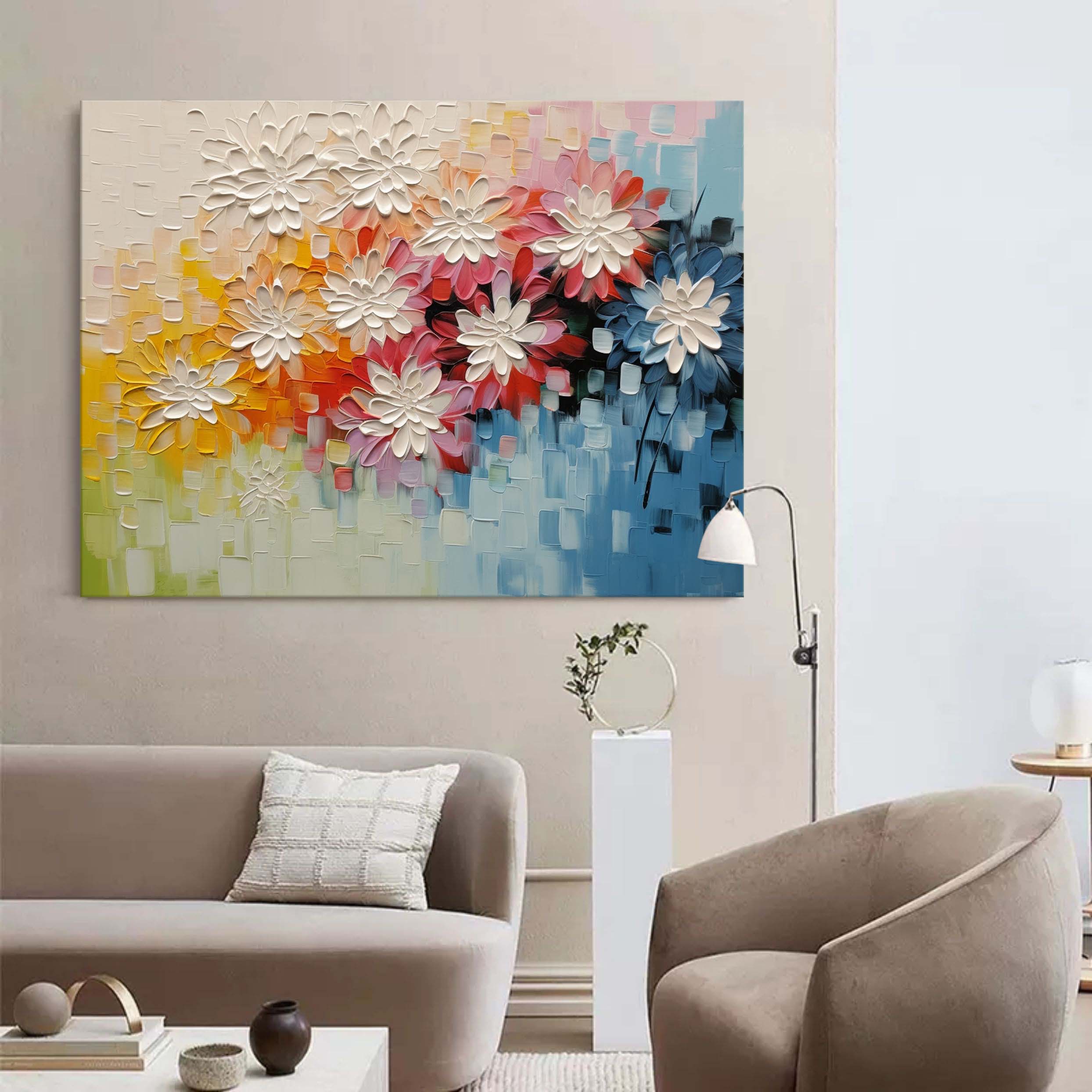 Large Palette Wall Painting White Flowers Plaster Art Flowers Texture Canvas Art Colorful Painting