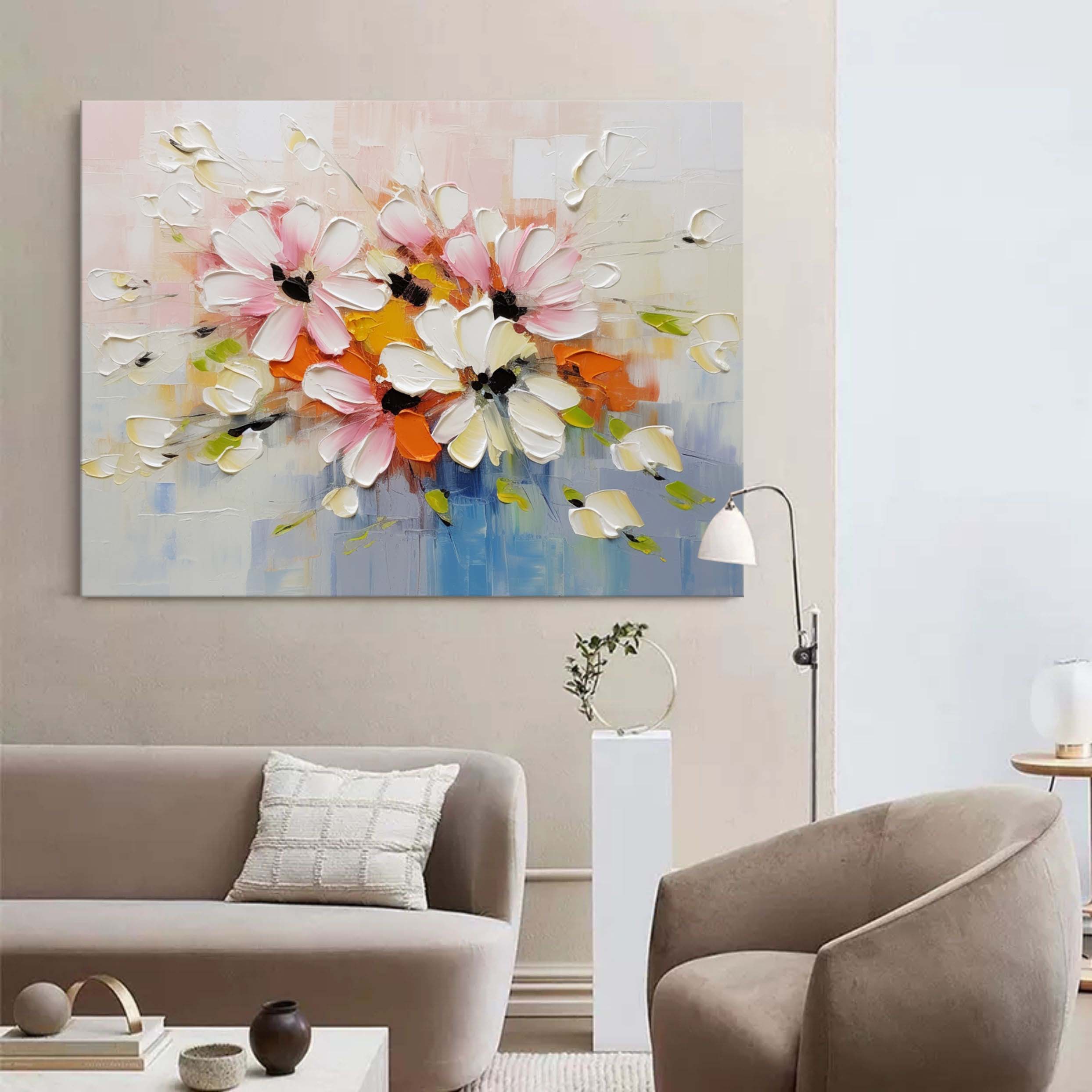 Large Beige and Blue Flowers Textured Painting Flowers Palette Wall Art Flowers Canvas Art