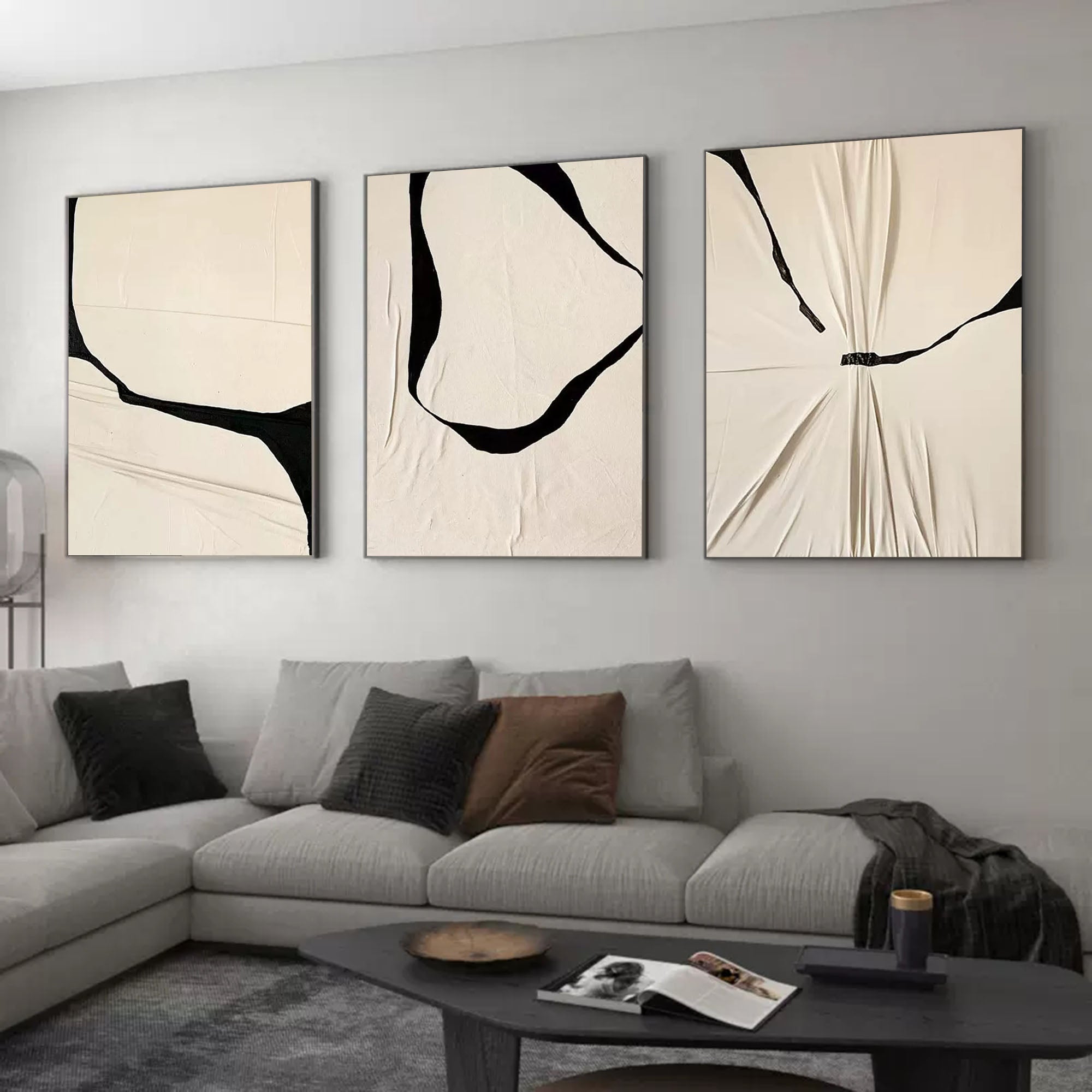 Black and Beige Minimalist Canvas Painting Set of 3 Minimalist Abstract ...