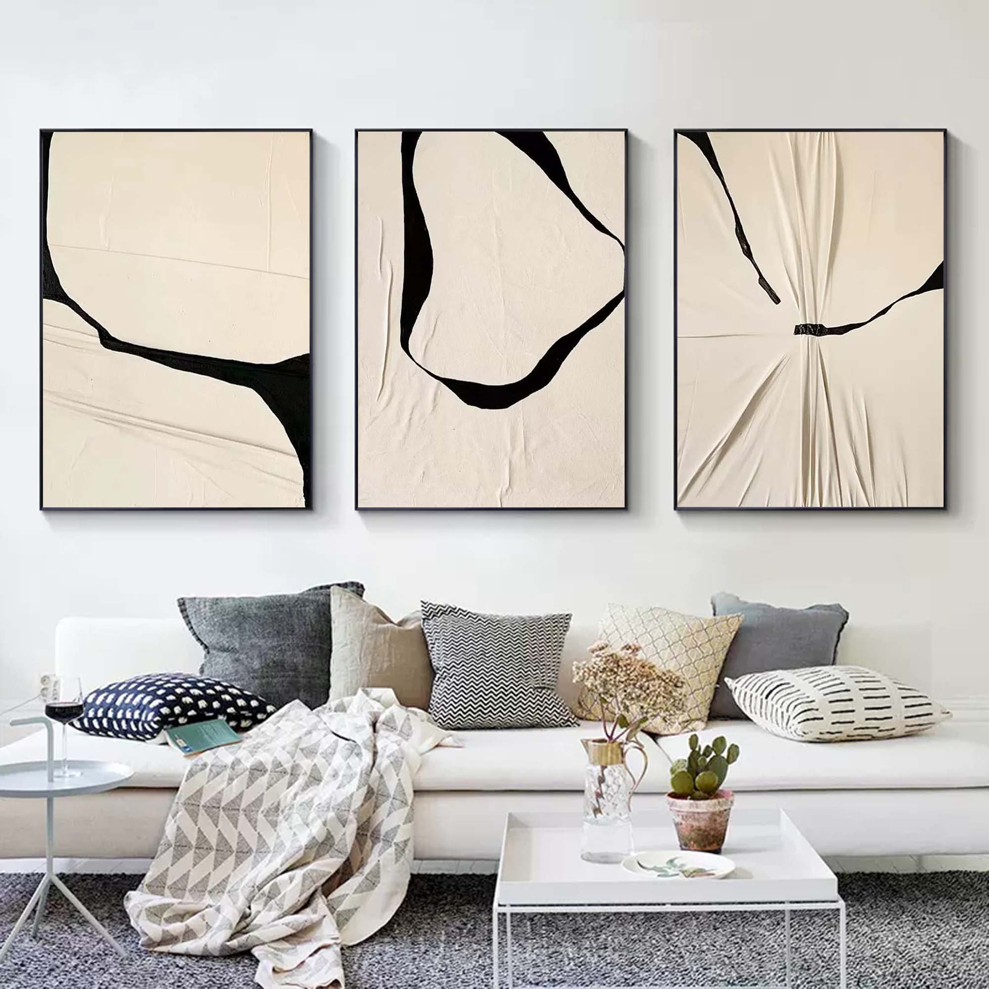 Black and Beige Minimalist Canvas Painting Set of 3 Minimalist Abstract Texture Art Minimalist Wall Art