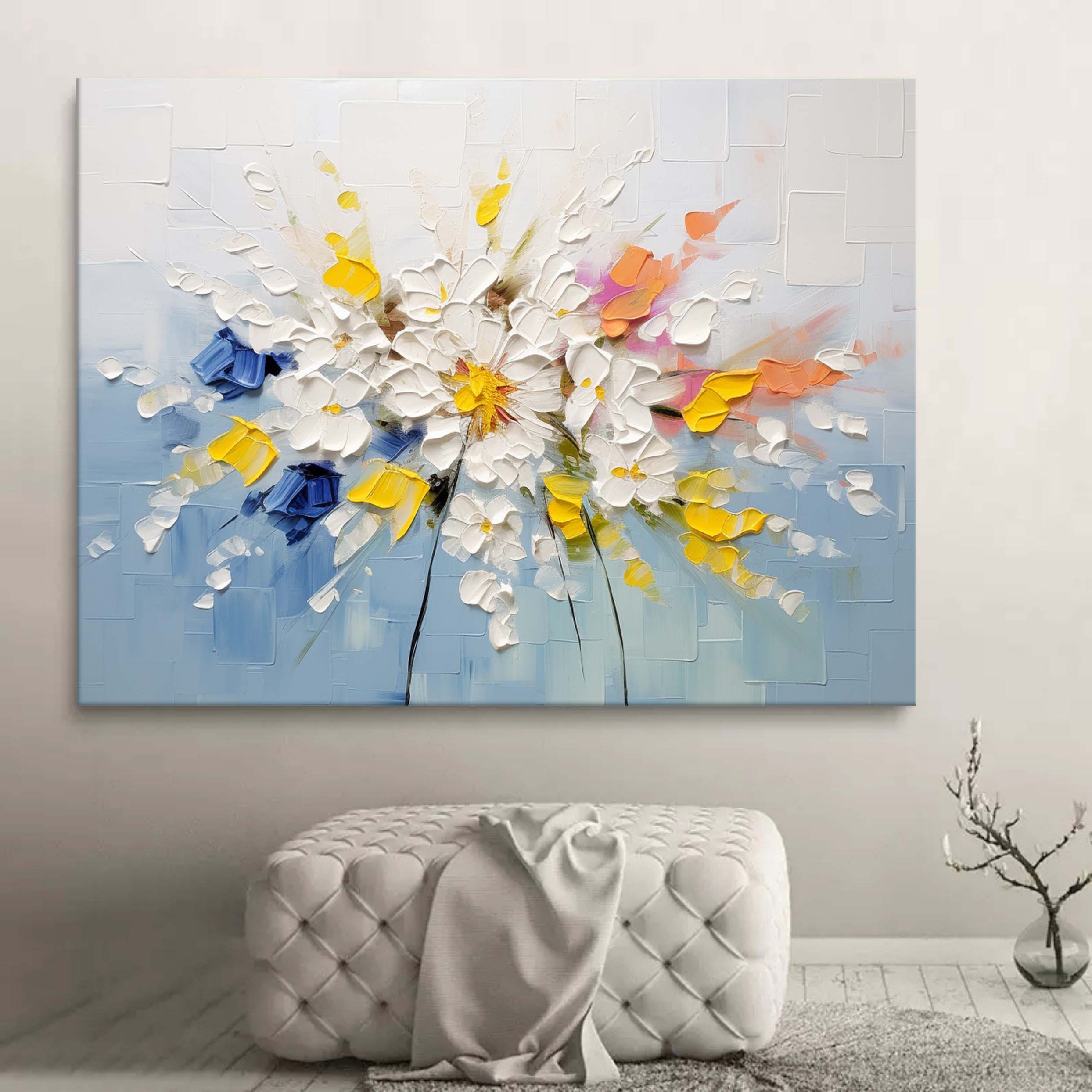 Large White and Blue Flowers Texture Painting Floral Palette Wall Art Decoration Floral Canvas Art