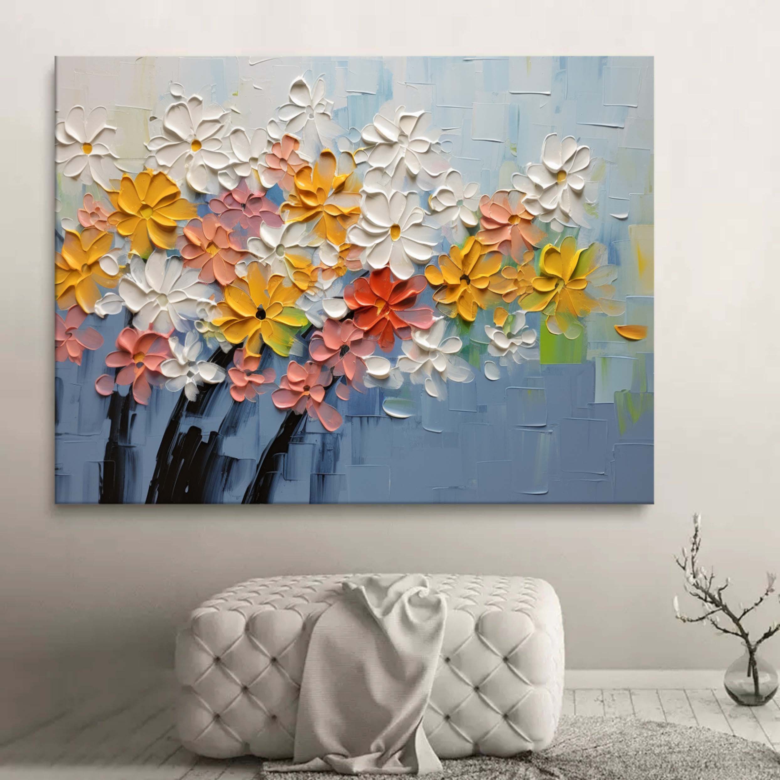 Large White and Yellow Flowers Texture Painting Flowers Texture Wall Art Flowers Canvas Art For Sale