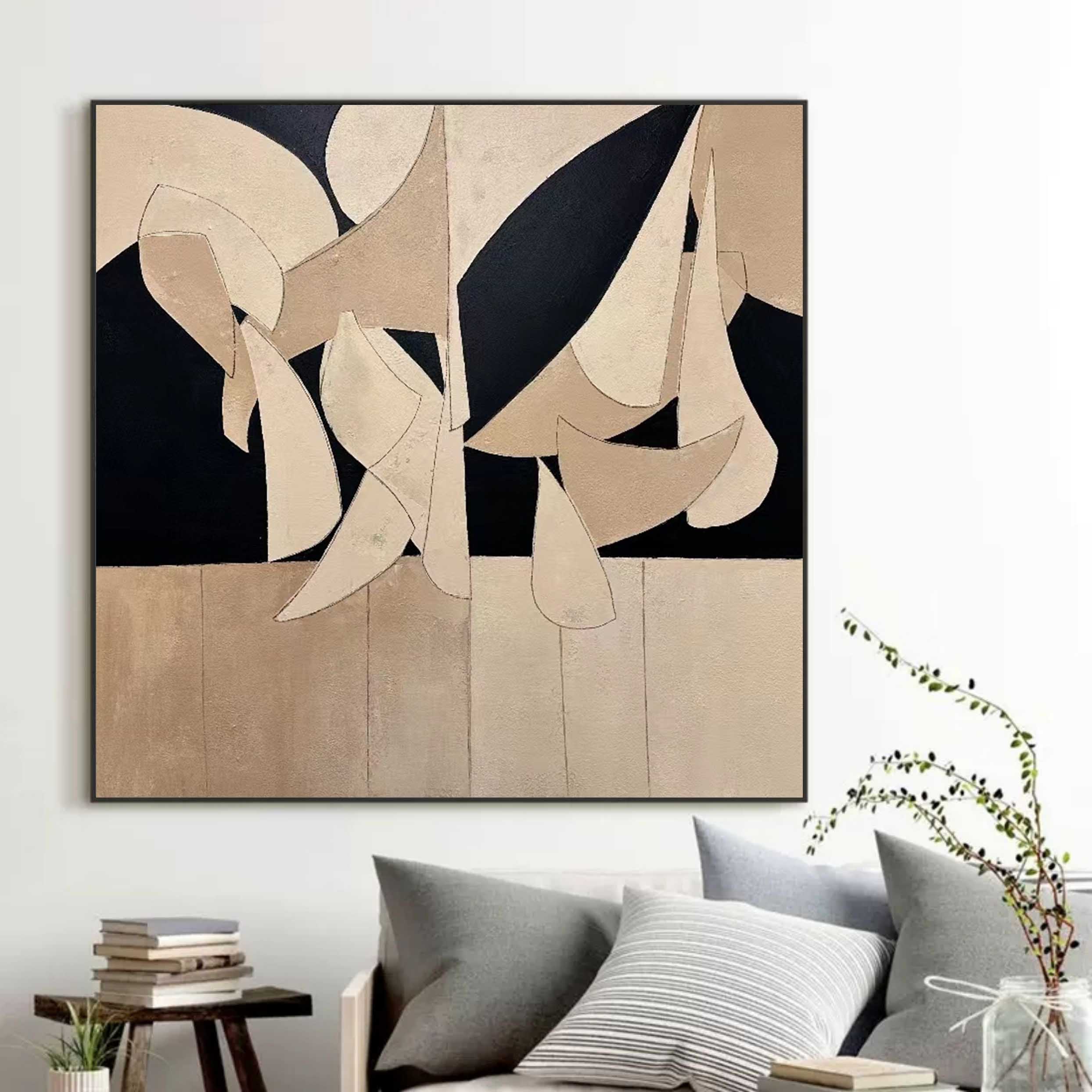 Beige and Black Minimalist Abstract Art Beige and Black Minimalist Canvas Oil Painting Wabi Sabi Art