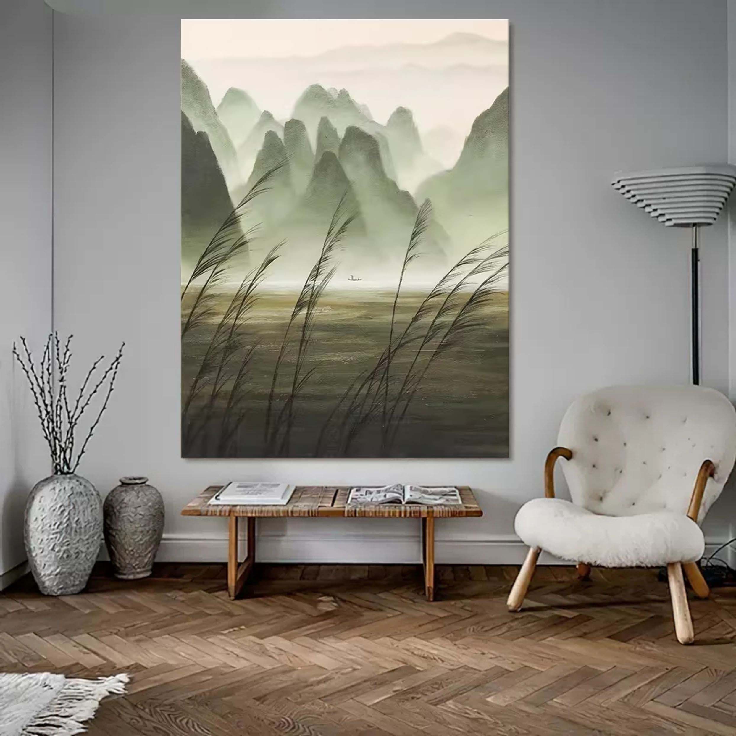 Gray and Green Landscape Canvas Art Wabi-Sabi Wall Art Decor Gray and Green Landscape Oil Painting