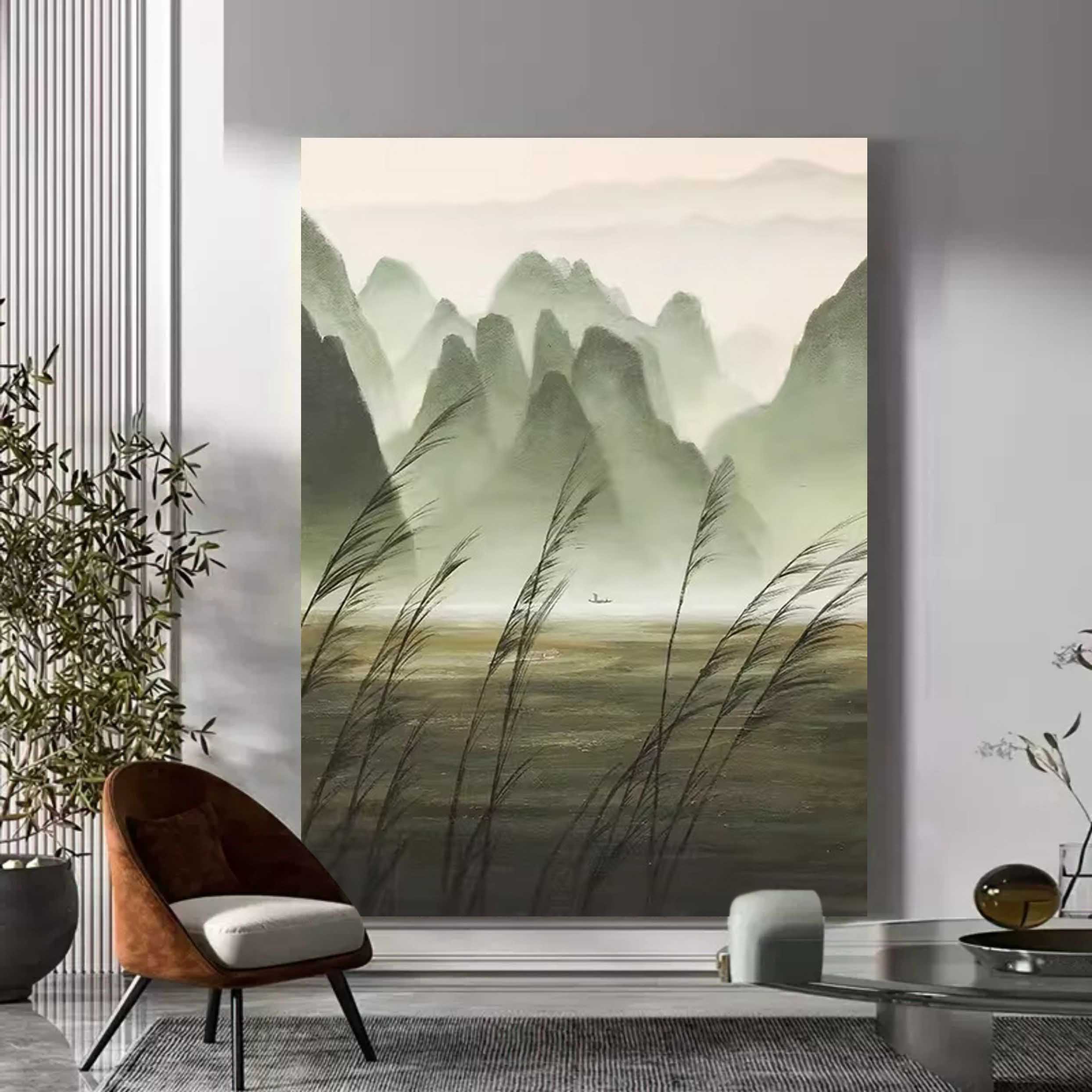 Gray and Green Landscape Canvas Art Wabi-Sabi Wall Art Decor Gray and Green Landscape Oil Painting