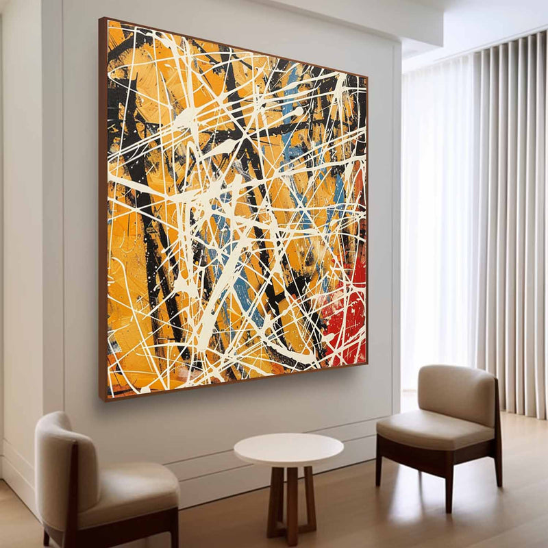 Yellow and White Pollock Abstract Oil Painting Yellow Pollock Abstract Canvas Wall Art Decor